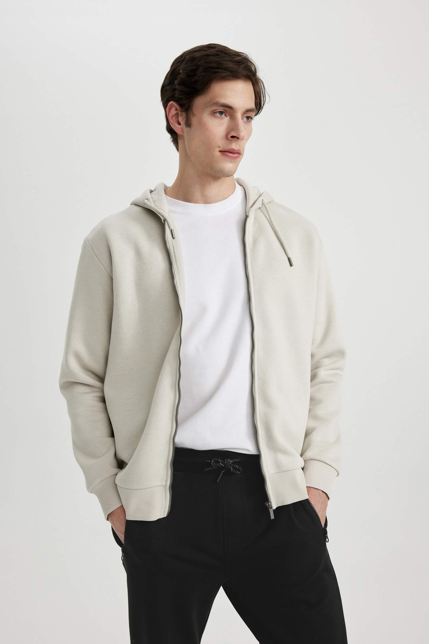 New Regular Fit Kapüşonlu Basic Düz Fermuarlı Sweatshirt