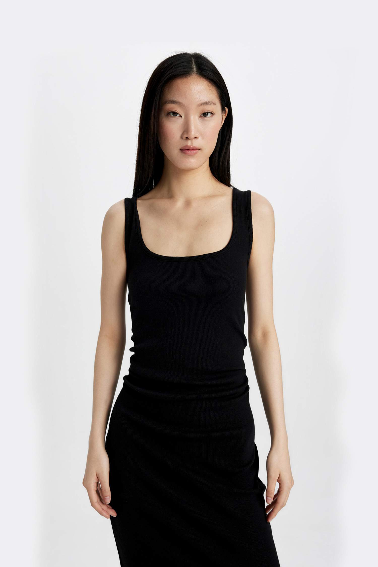 Straight Fit Kare Yaka Fitilli Kaşkorse Kolsuz Midi Elbise