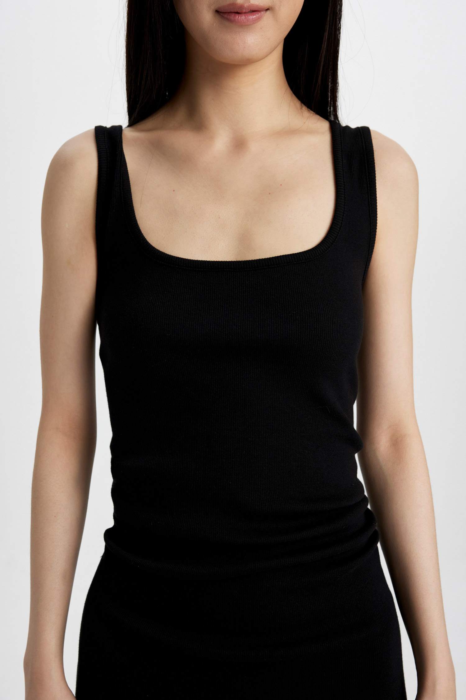 Straight Fit Kare Yaka Fitilli Kaşkorse Kolsuz Midi Elbise