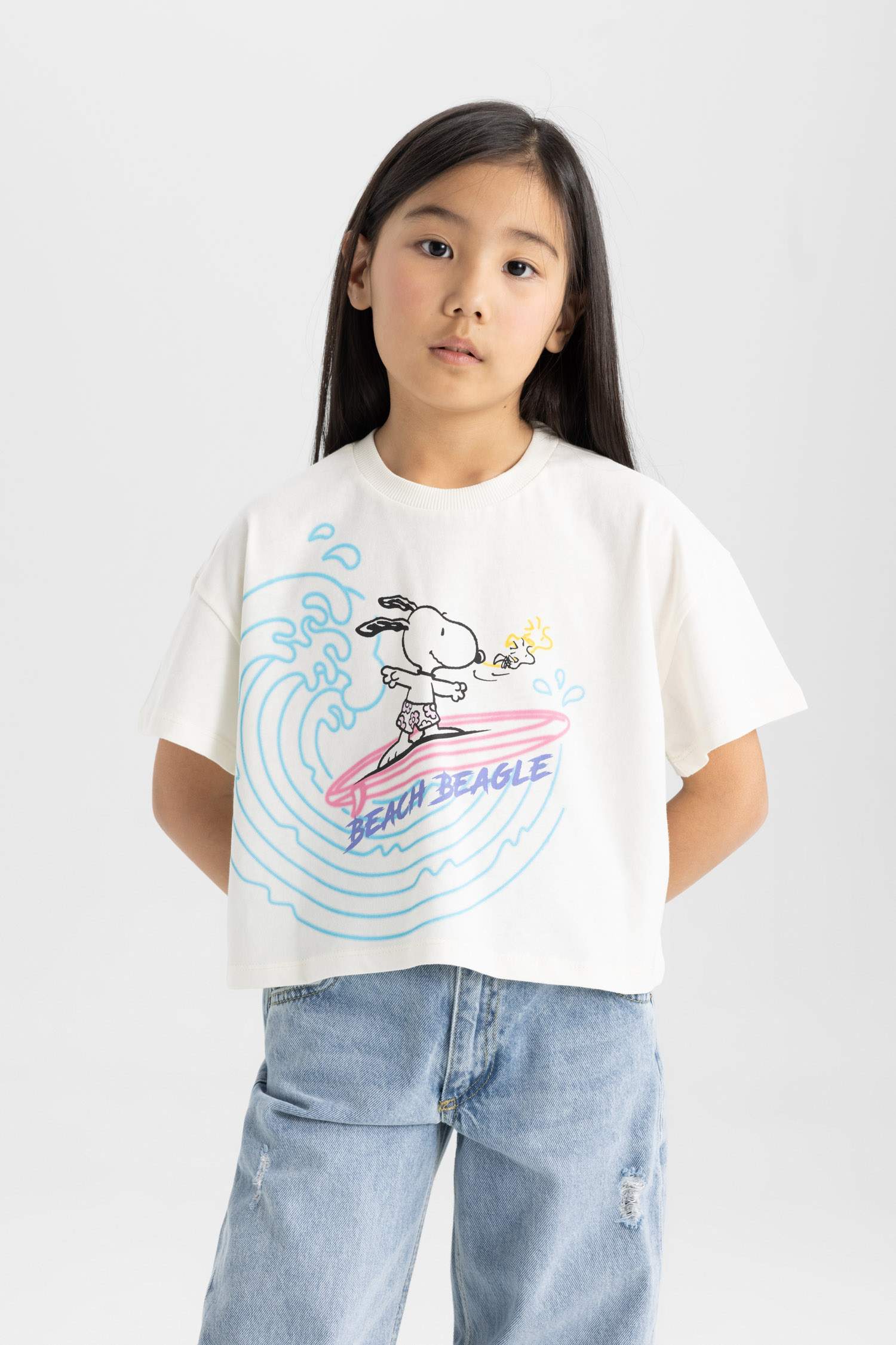 Kız Çocuk Snoopy Bisiklet Yaka Kısa Kollu Tişört