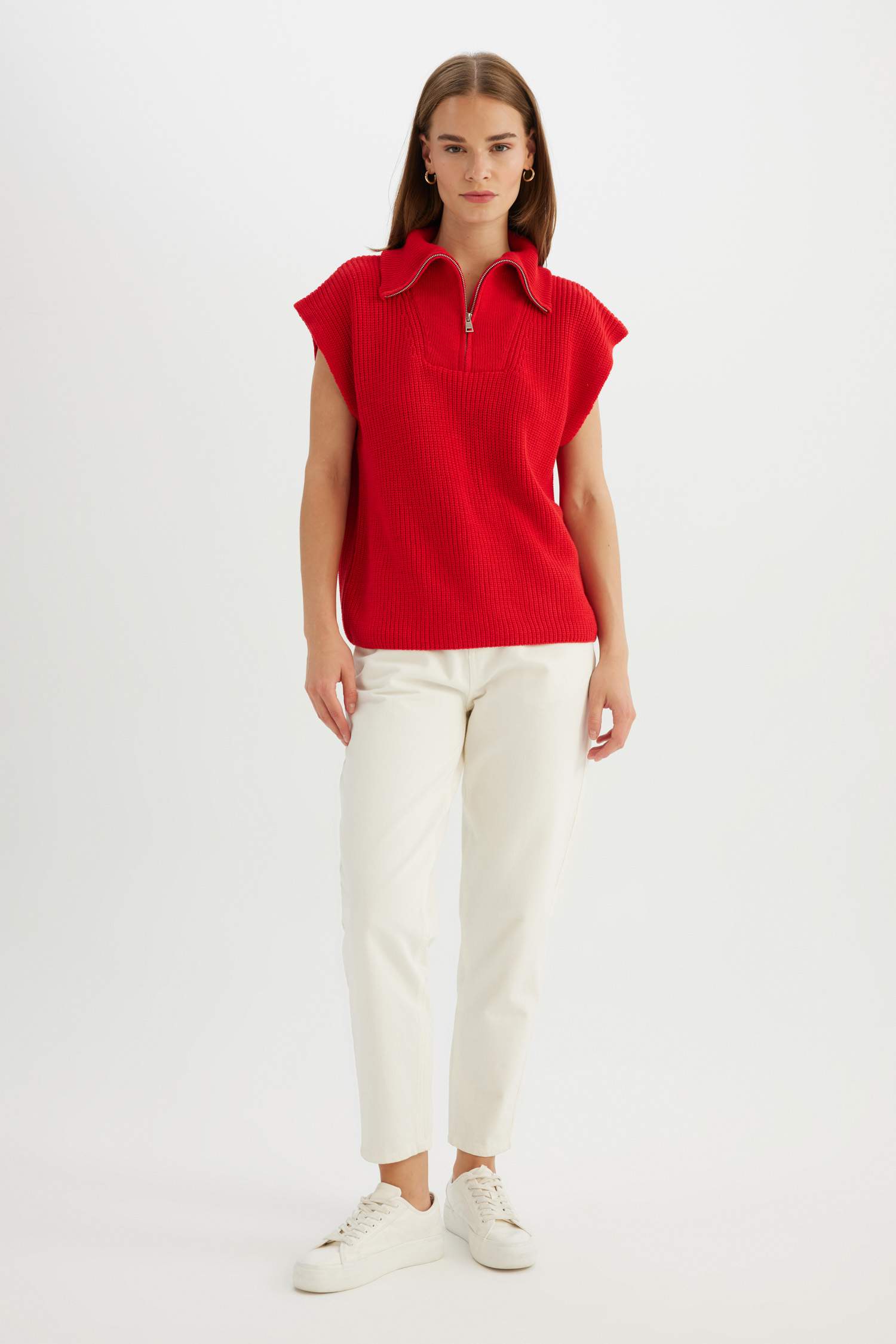 Relax Fit Fermuarlı Dik Yaka Selanik Kumaş Kırmızı Triko Süveter