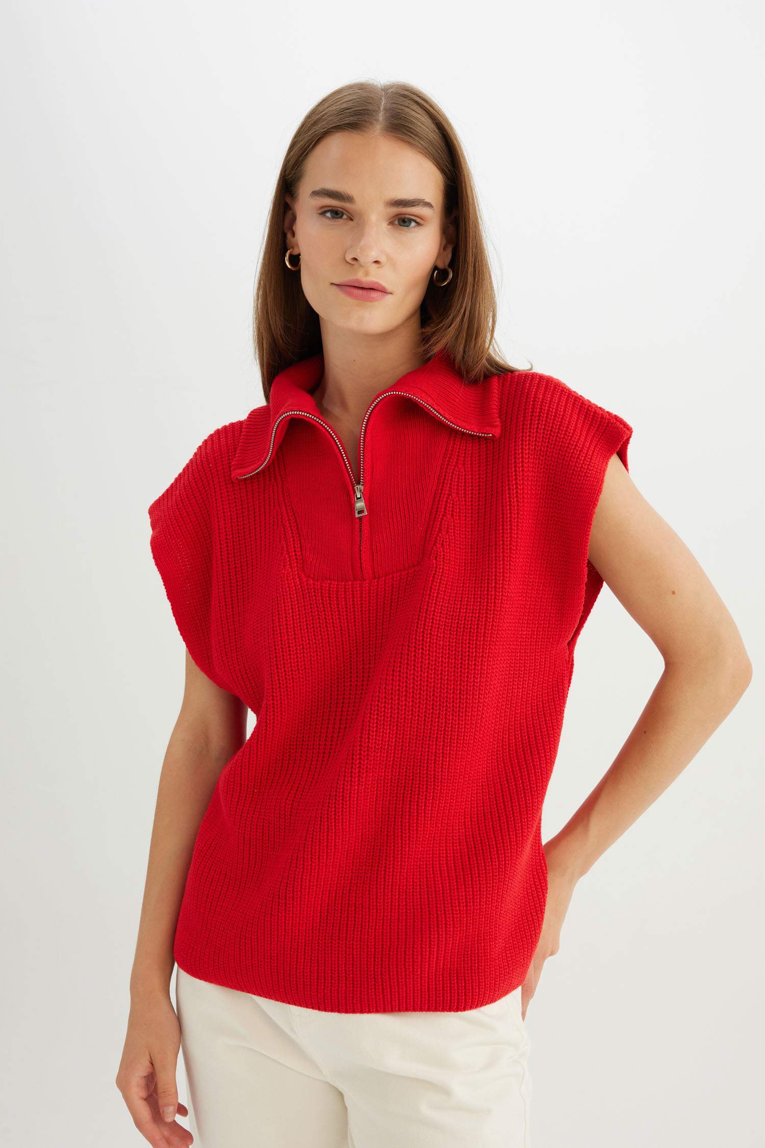 Relax Fit Fermuarlı Dik Yaka Selanik Kumaş Kırmızı Triko Süveter
