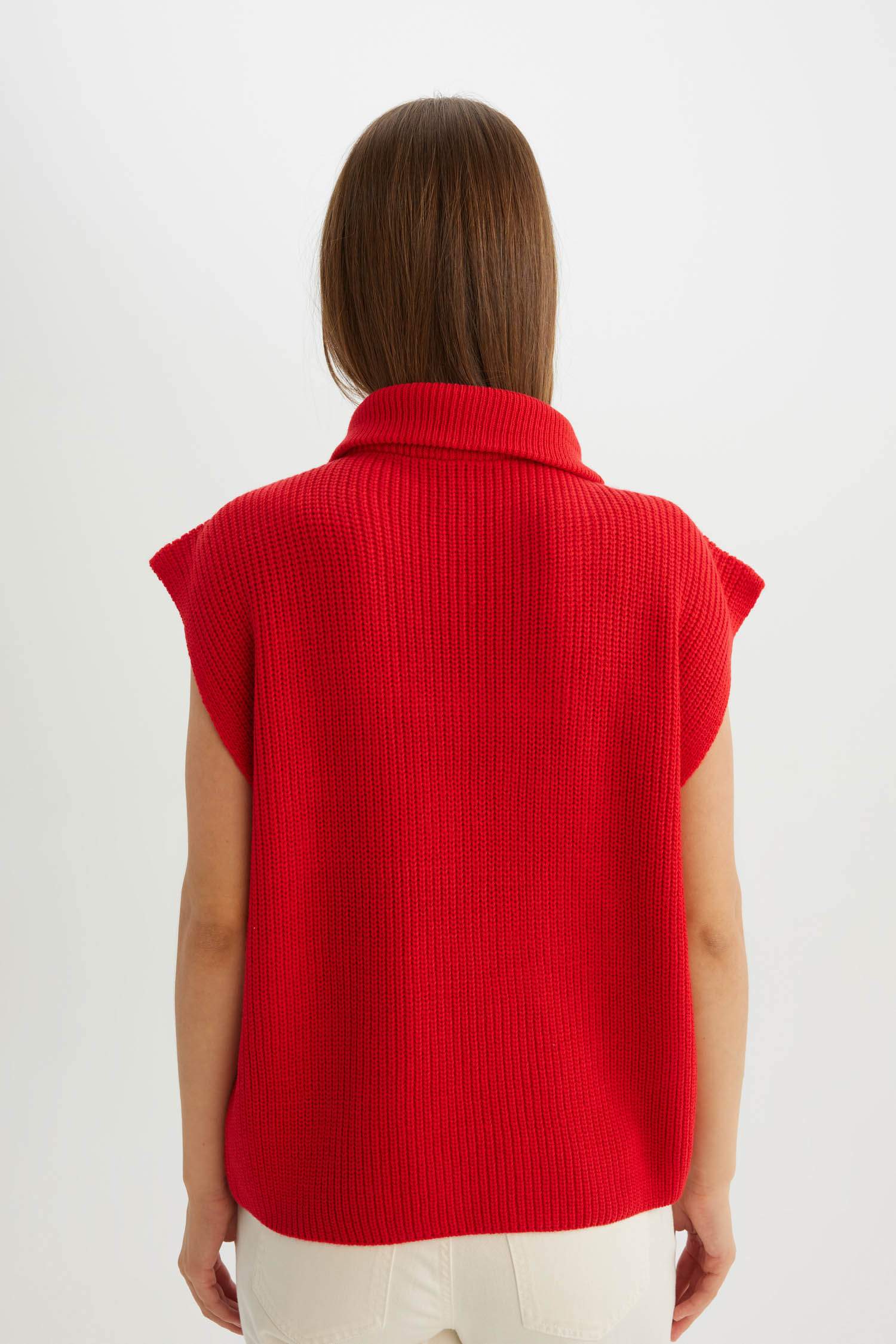 Relax Fit Fermuarlı Dik Yaka Selanik Kumaş Kırmızı Triko Süveter