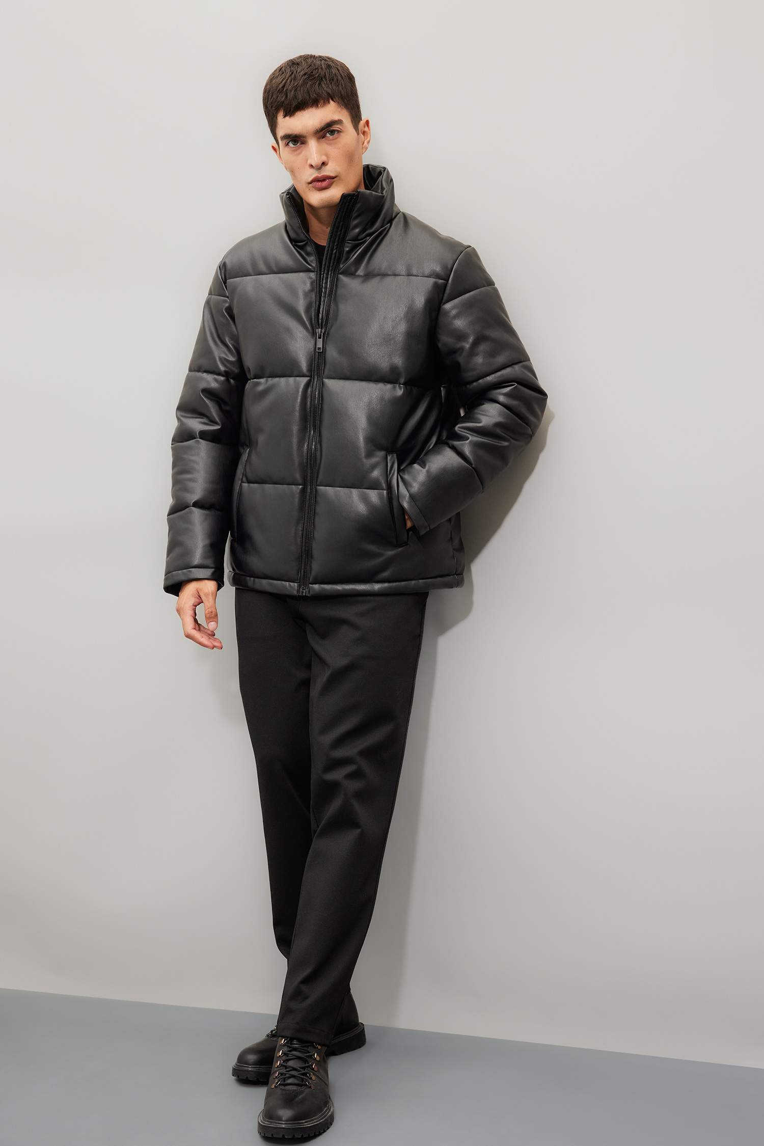 Waterproof Regular Fit Stand Collar Zippered Faux Leather Puffer Jacket