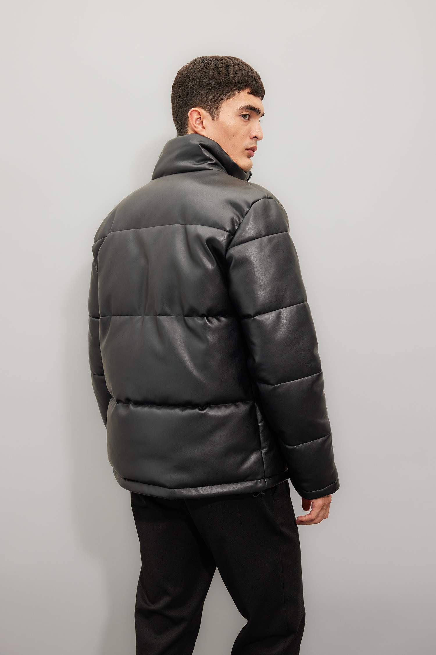 Waterproof Regular Fit Stand Collar Zippered Faux Leather Puffer Jacket