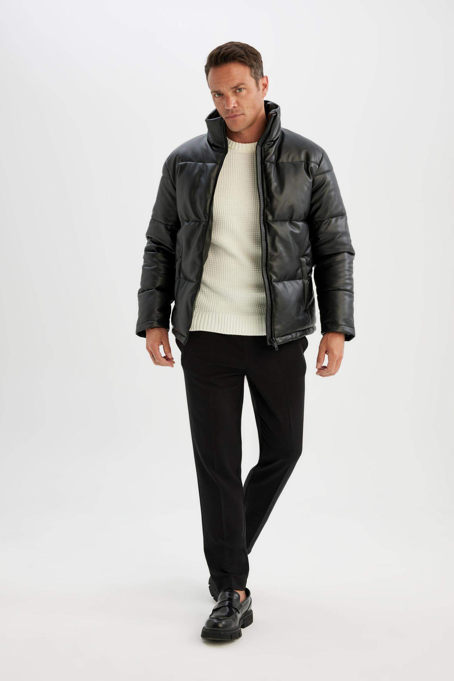 Waterproof Regular Fit Stand Collar Zippered Faux Leather Puffer Jacket