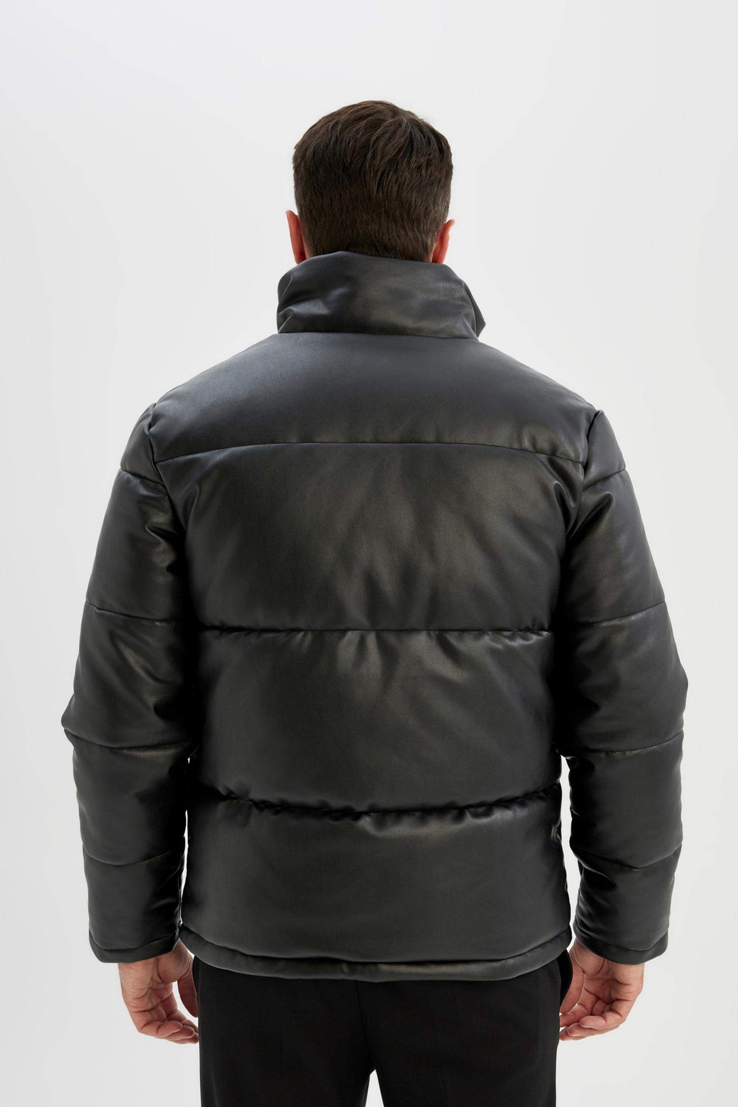 Waterproof Regular Fit Stand Collar Zippered Faux Leather Puffer Jacket