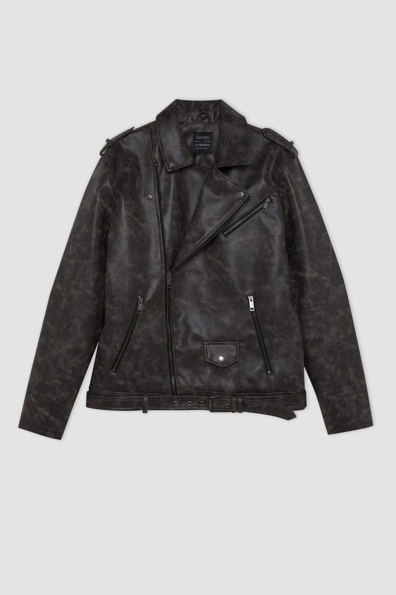 Su İtici Regular Fit Fermuarlı Cepli Suni Deri Ceket Mont