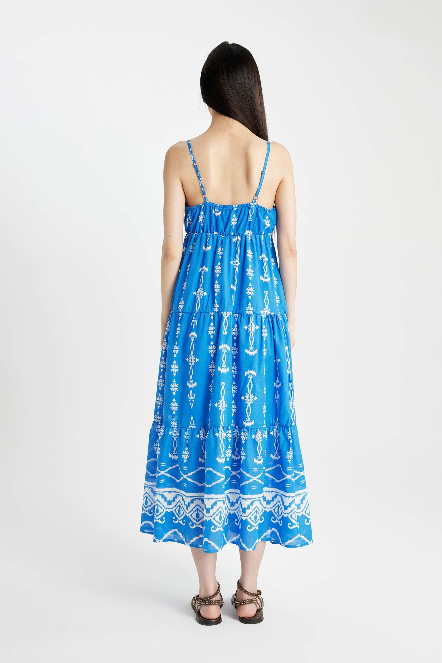 V-Neck Patterned Voile Strap Maxi Dress