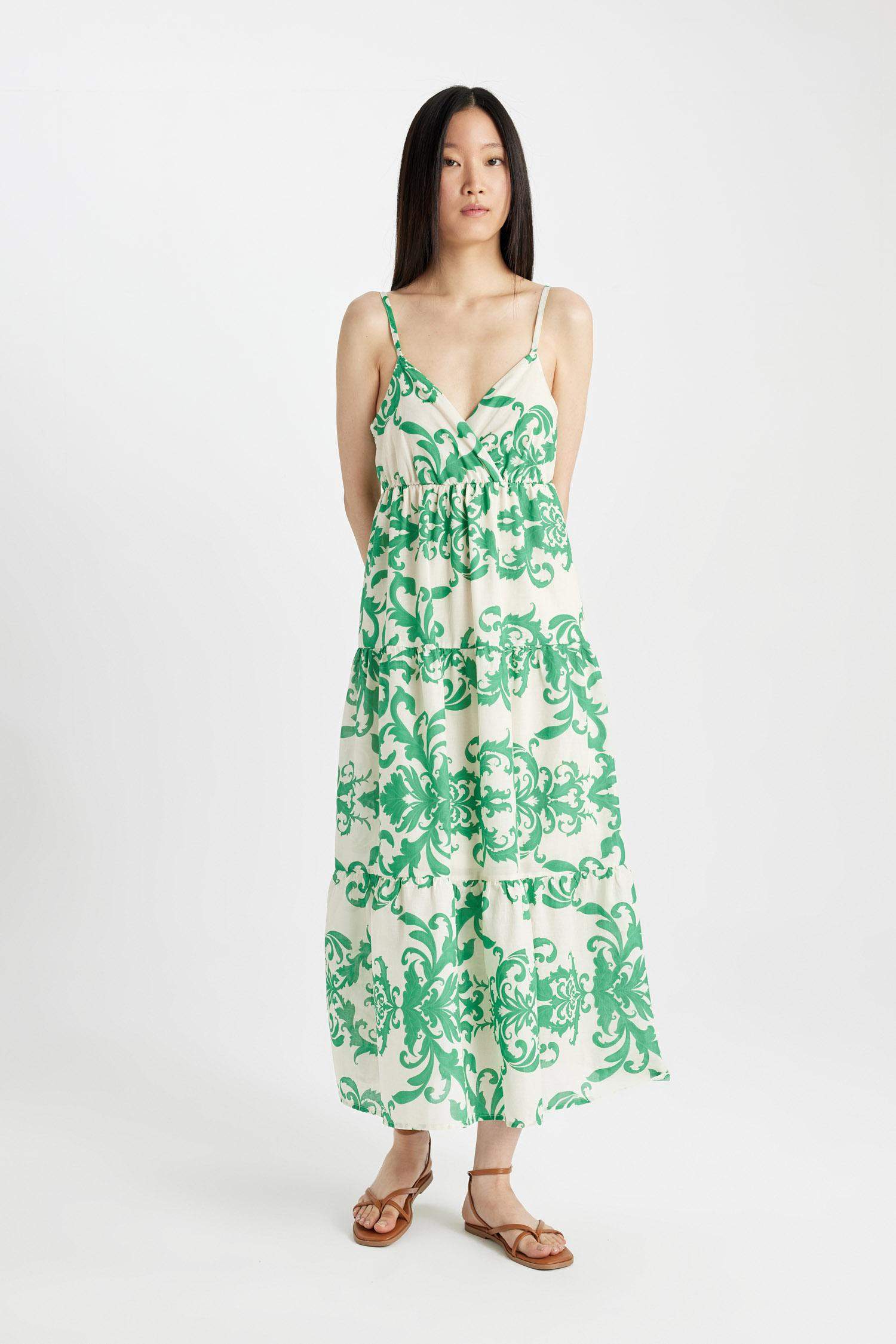 V-Neck Patterned Voile Strap Maxi Dress