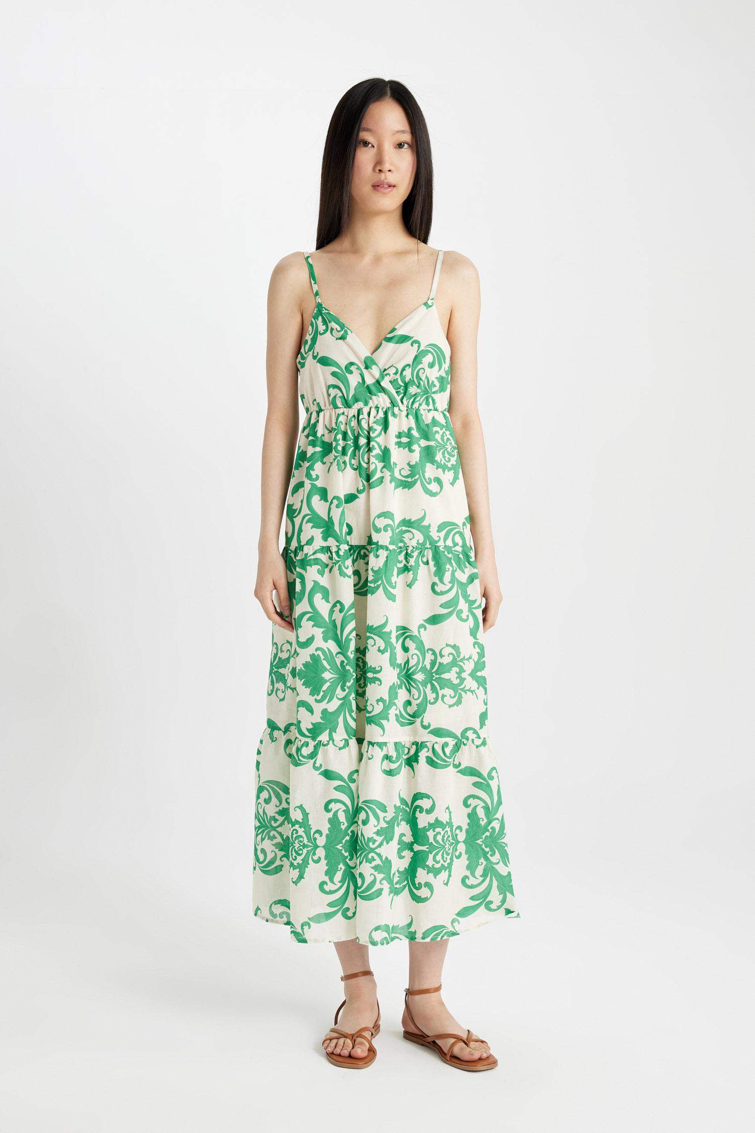 V-Neck Patterned Voile Strap Maxi Dress