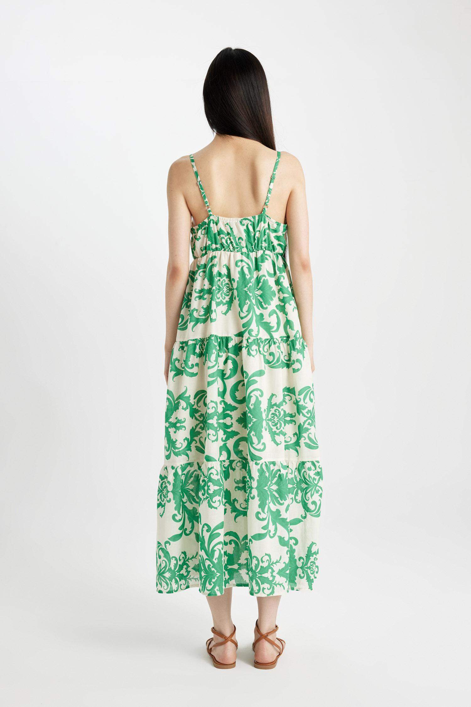 V-Neck Patterned Voile Strap Maxi Dress