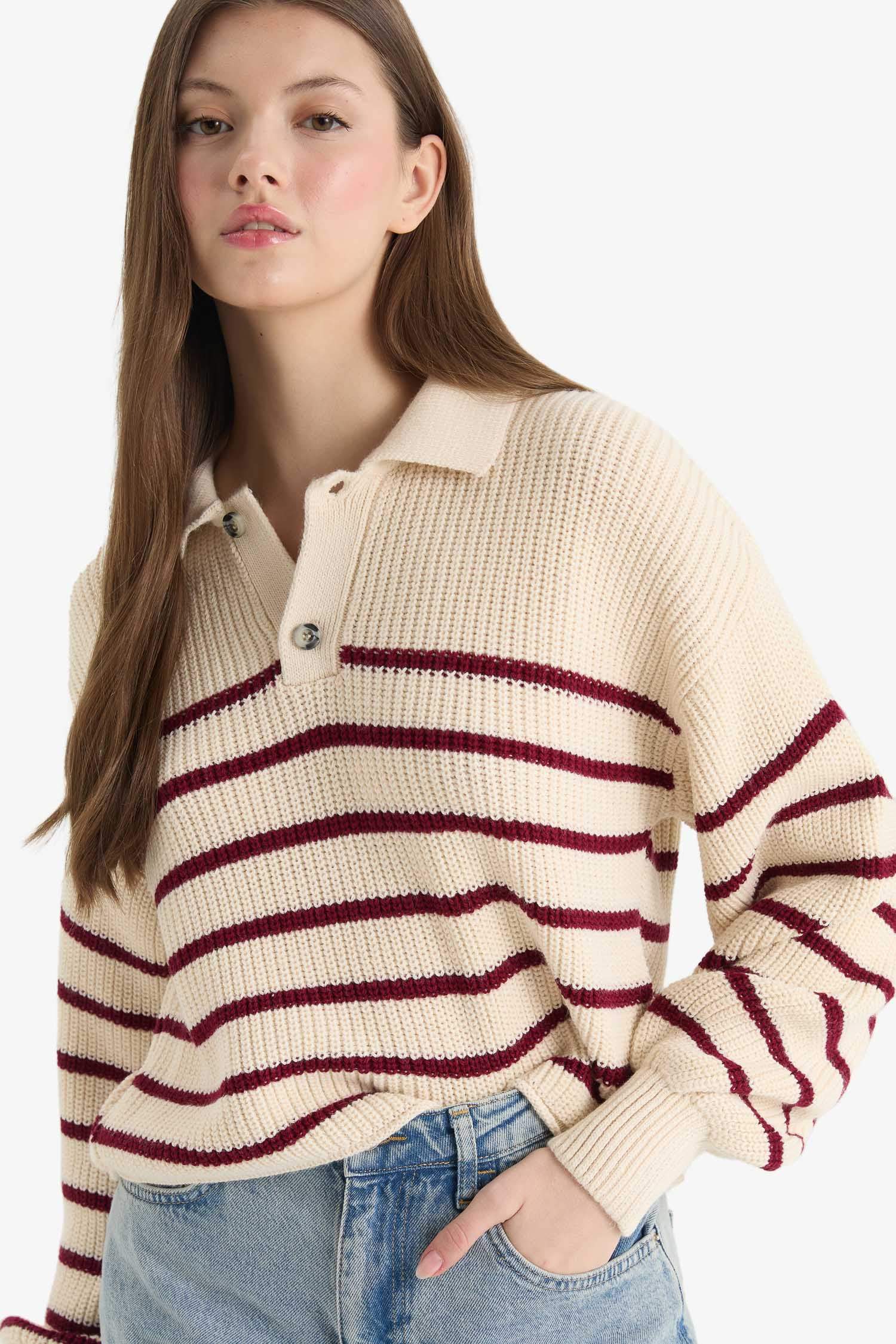 Relax Fit Polo Collar Buttoned Stripped Knit Pullover
