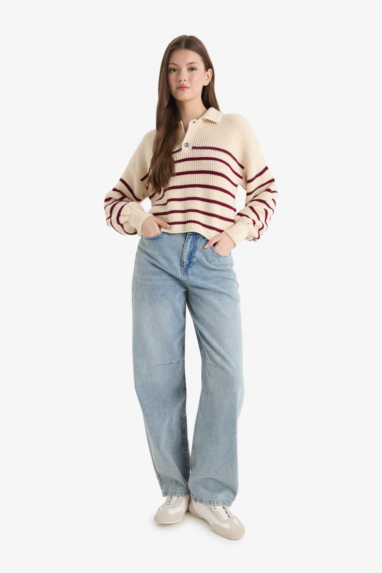 Relax Fit Polo Collar Buttoned Stripped Knit Pullover