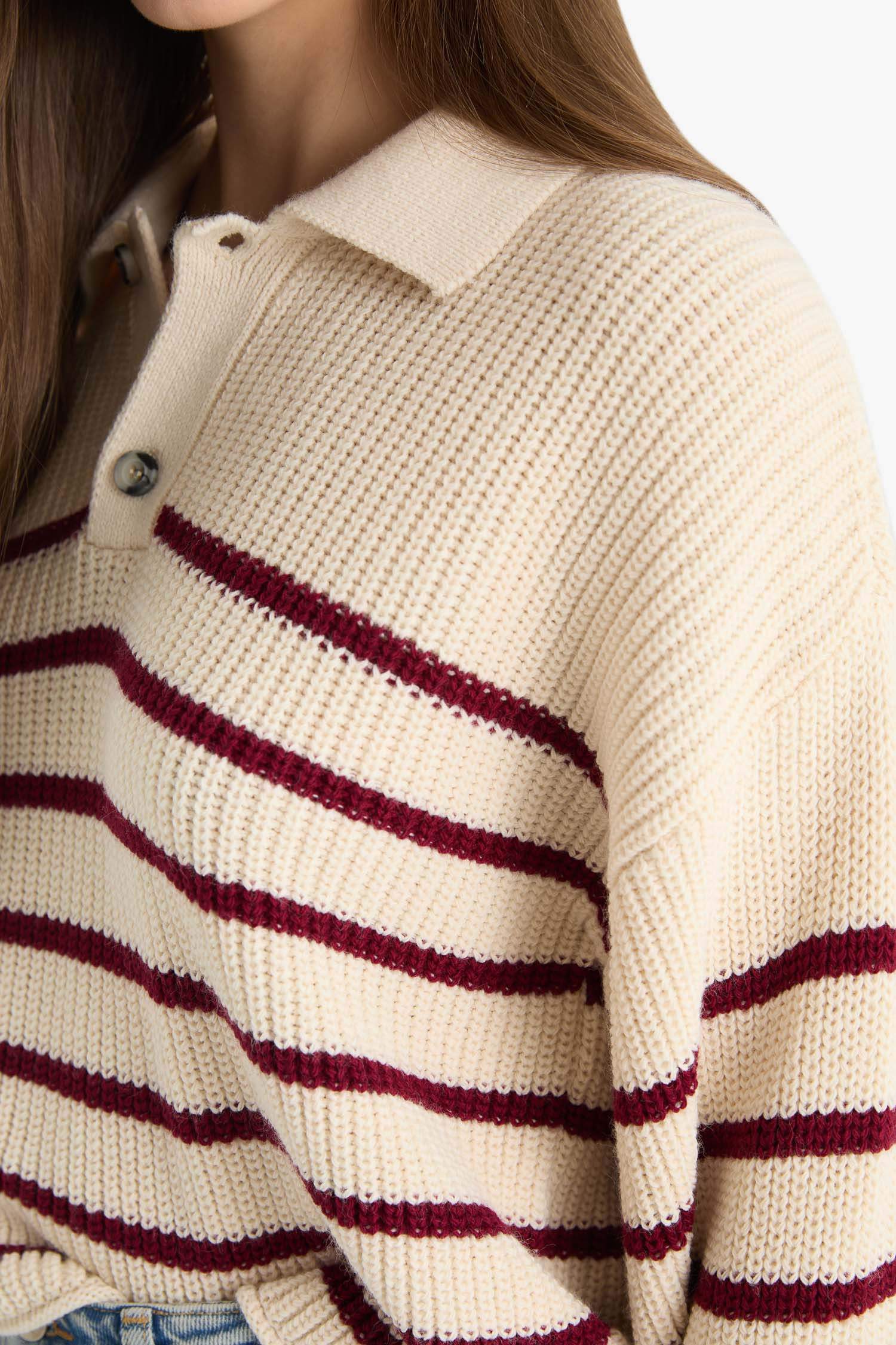 Relax Fit Polo Collar Buttoned Stripped Knit Pullover