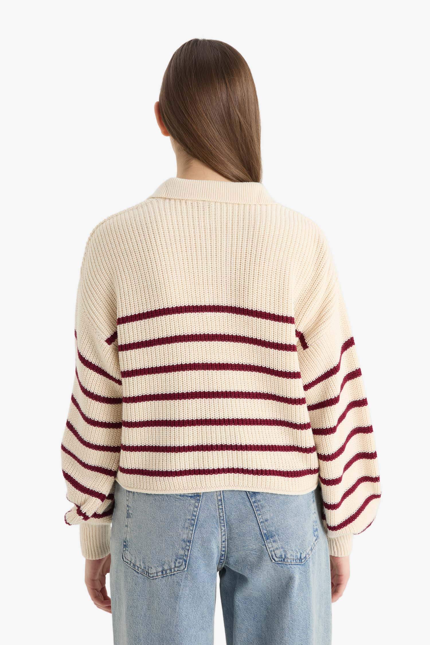 Relax Fit Polo Collar Buttoned Stripped Knit Pullover