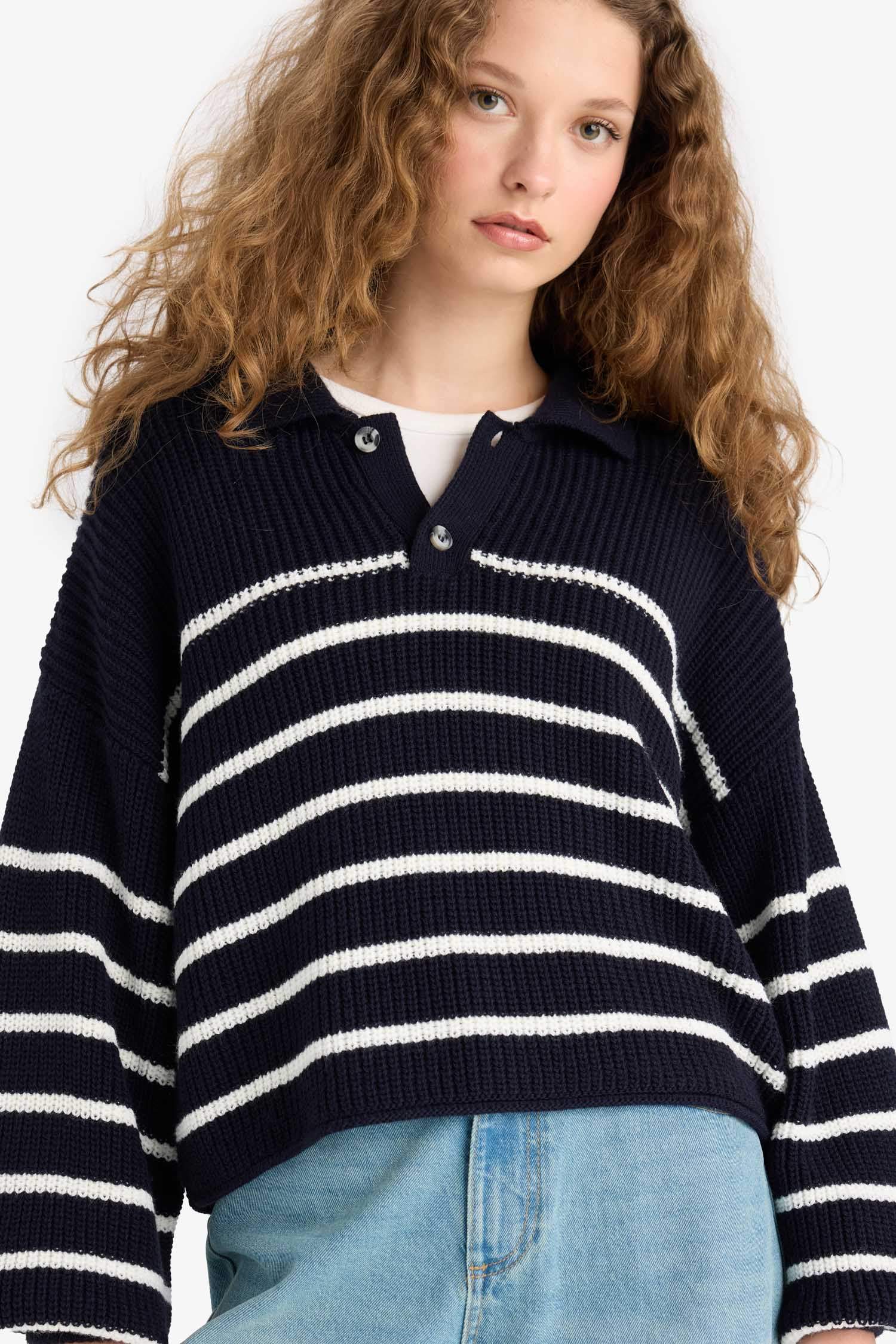 Relax Fit Polo Collar Buttoned Stripped Knit Pullover