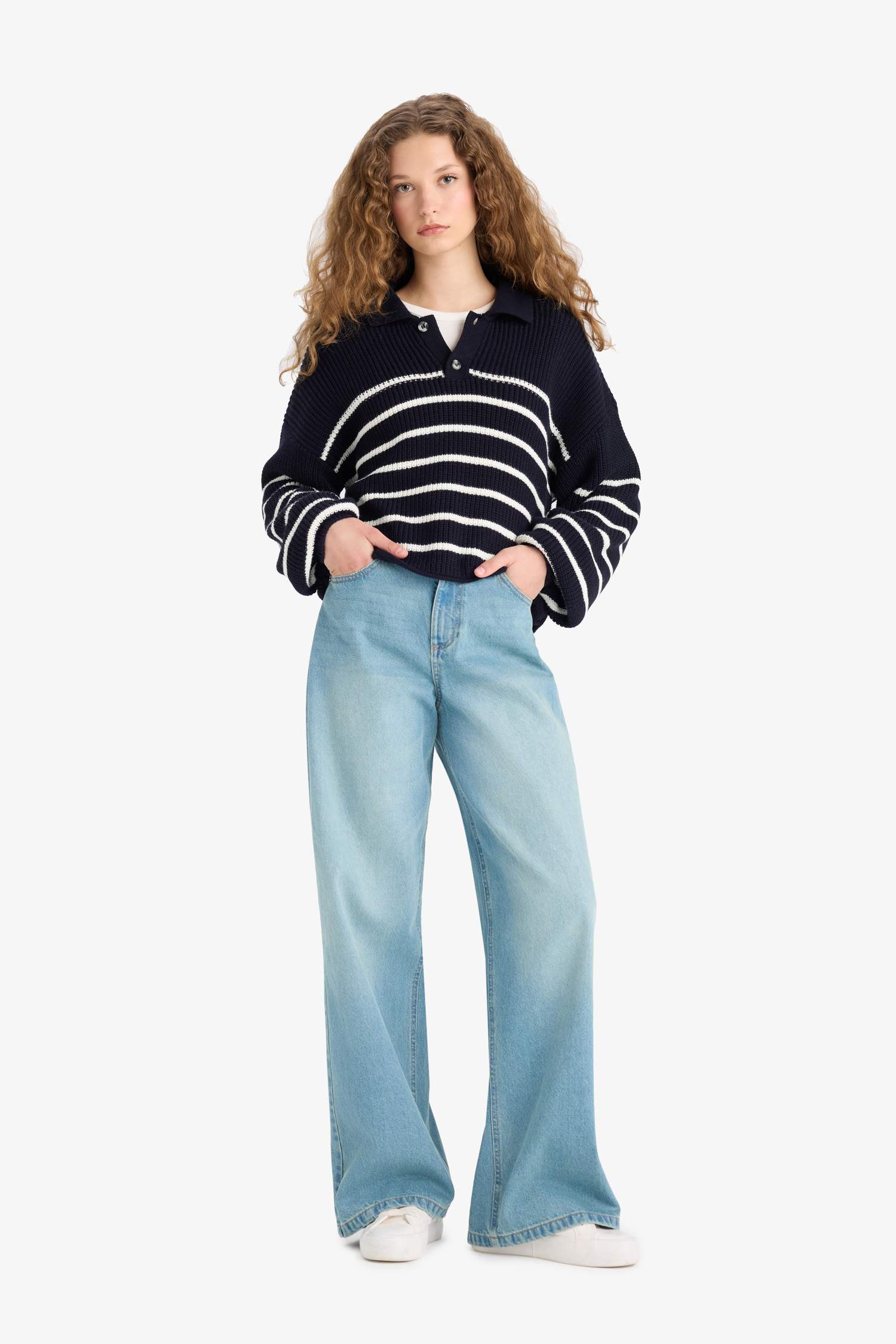 Relax Fit Polo Collar Buttoned Stripped Knit Pullover