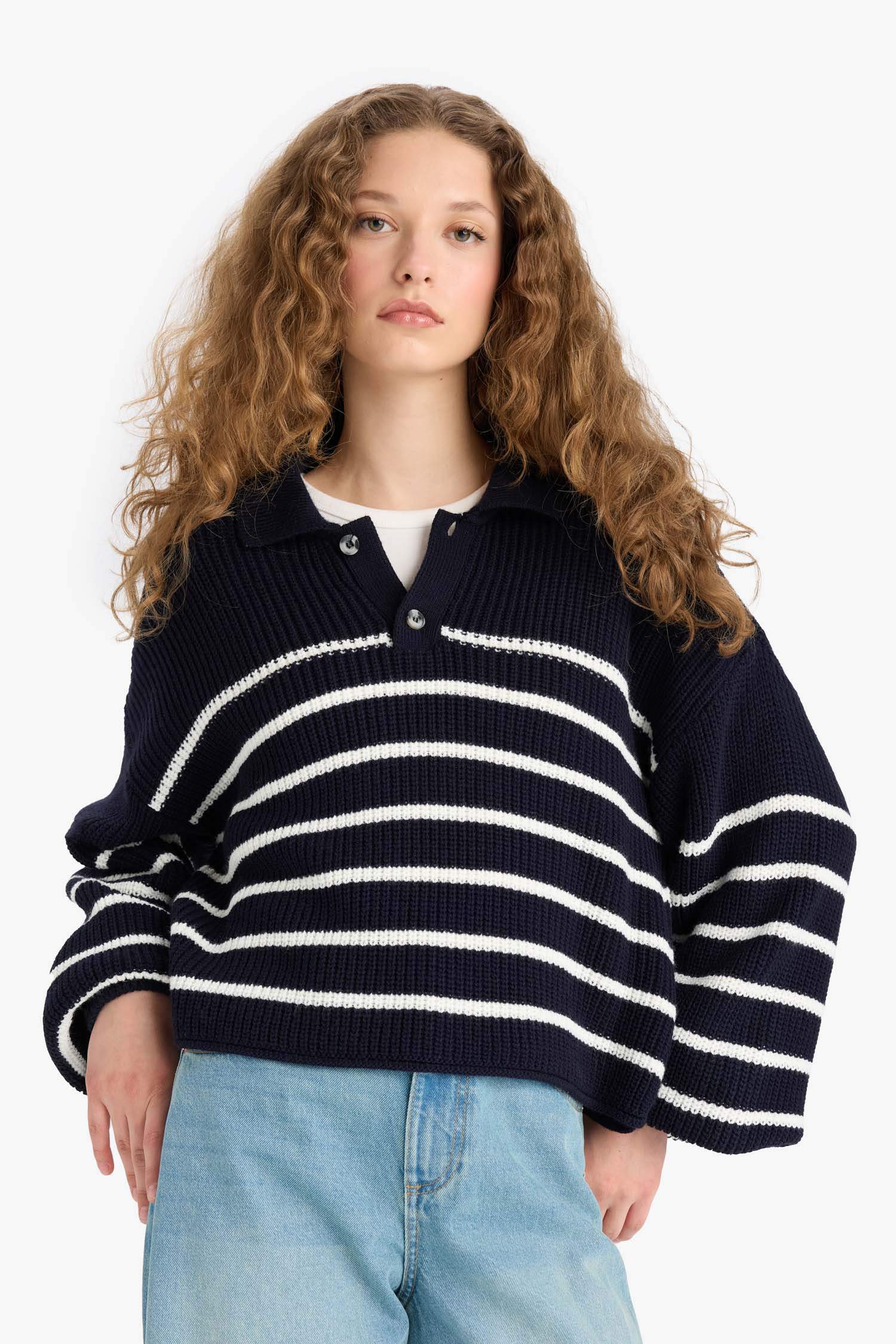 Relax Fit Polo Collar Buttoned Stripped Knit Pullover