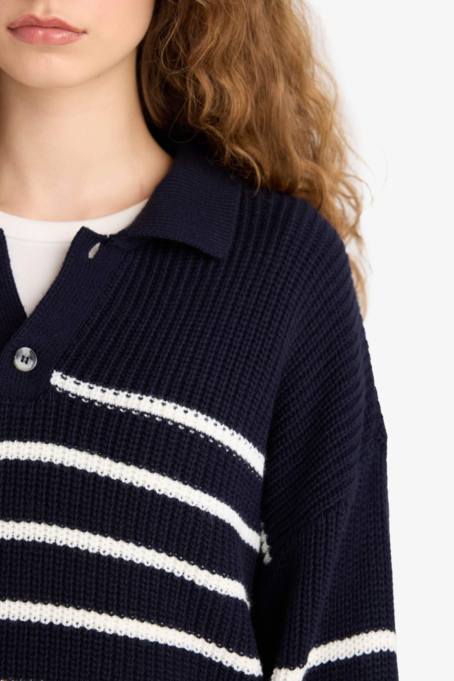 Relax Fit Polo Collar Buttoned Stripped Knit Pullover