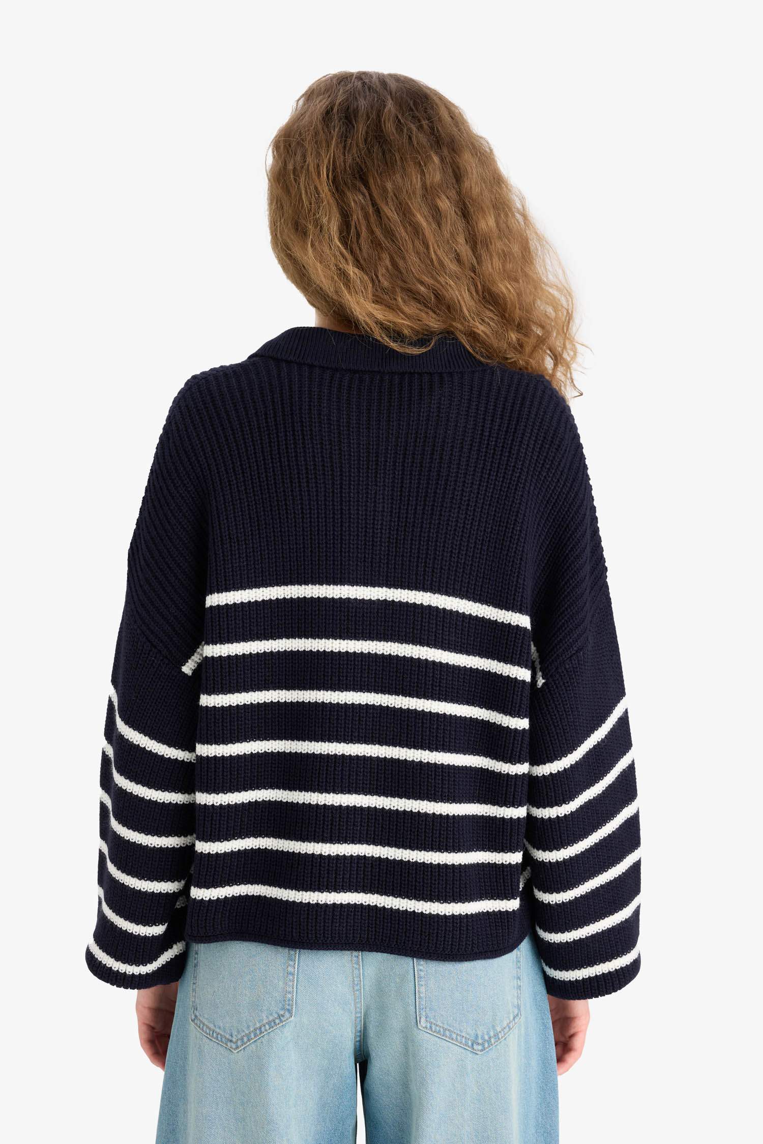 Relax Fit Polo Collar Buttoned Stripped Knit Pullover