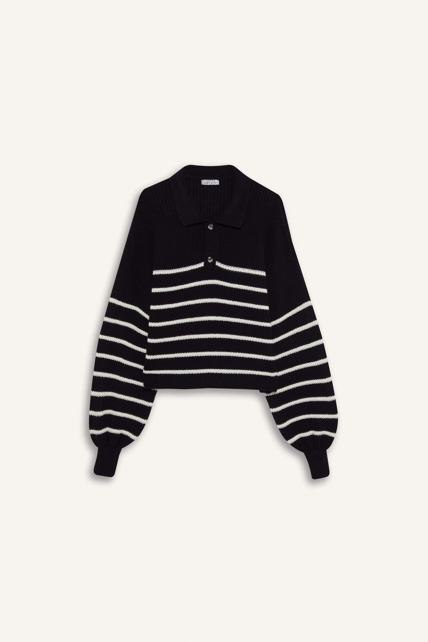Relax Fit Polo Collar Buttoned Stripped Knit Pullover