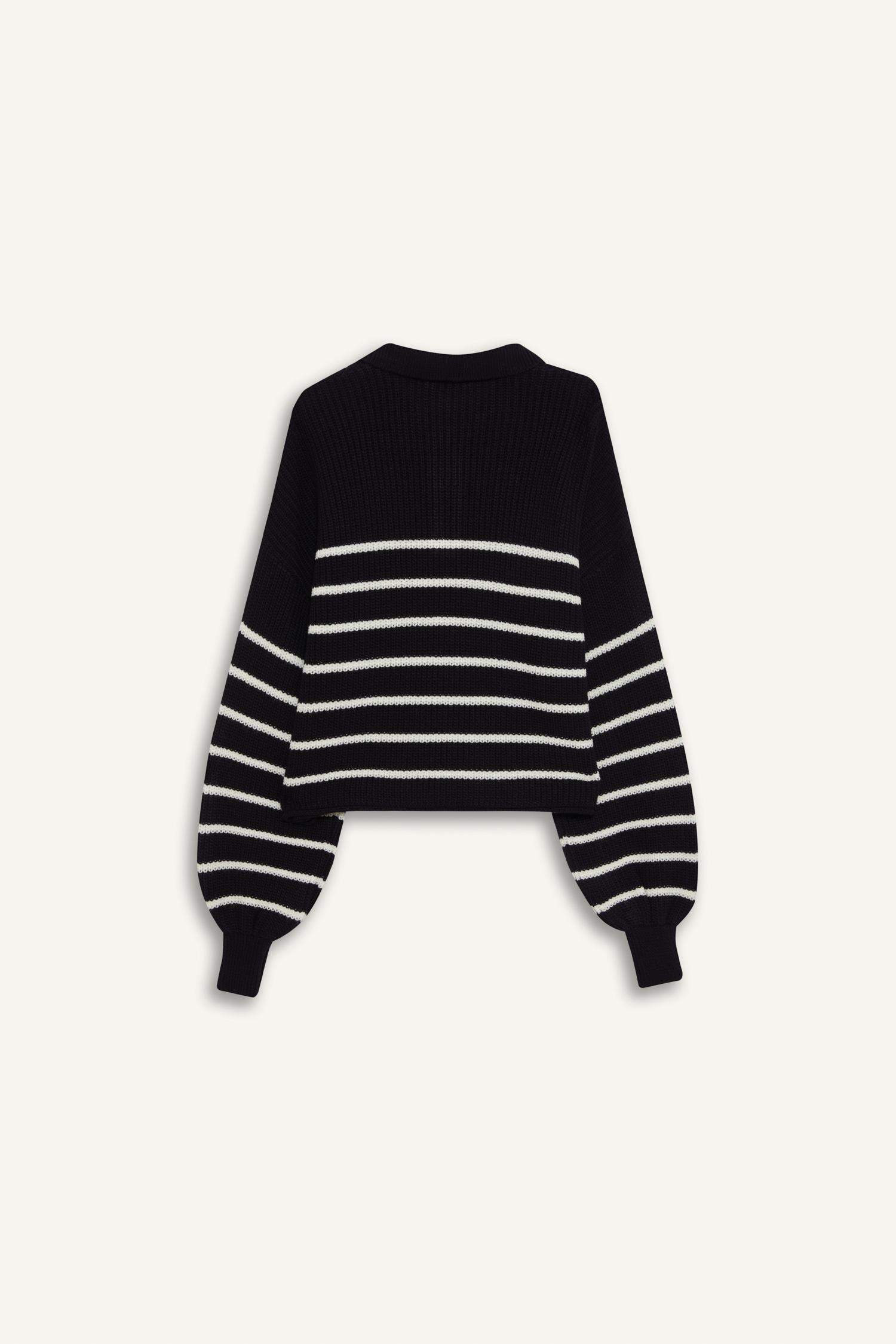 Relax Fit Polo Collar Buttoned Stripped Knit Pullover