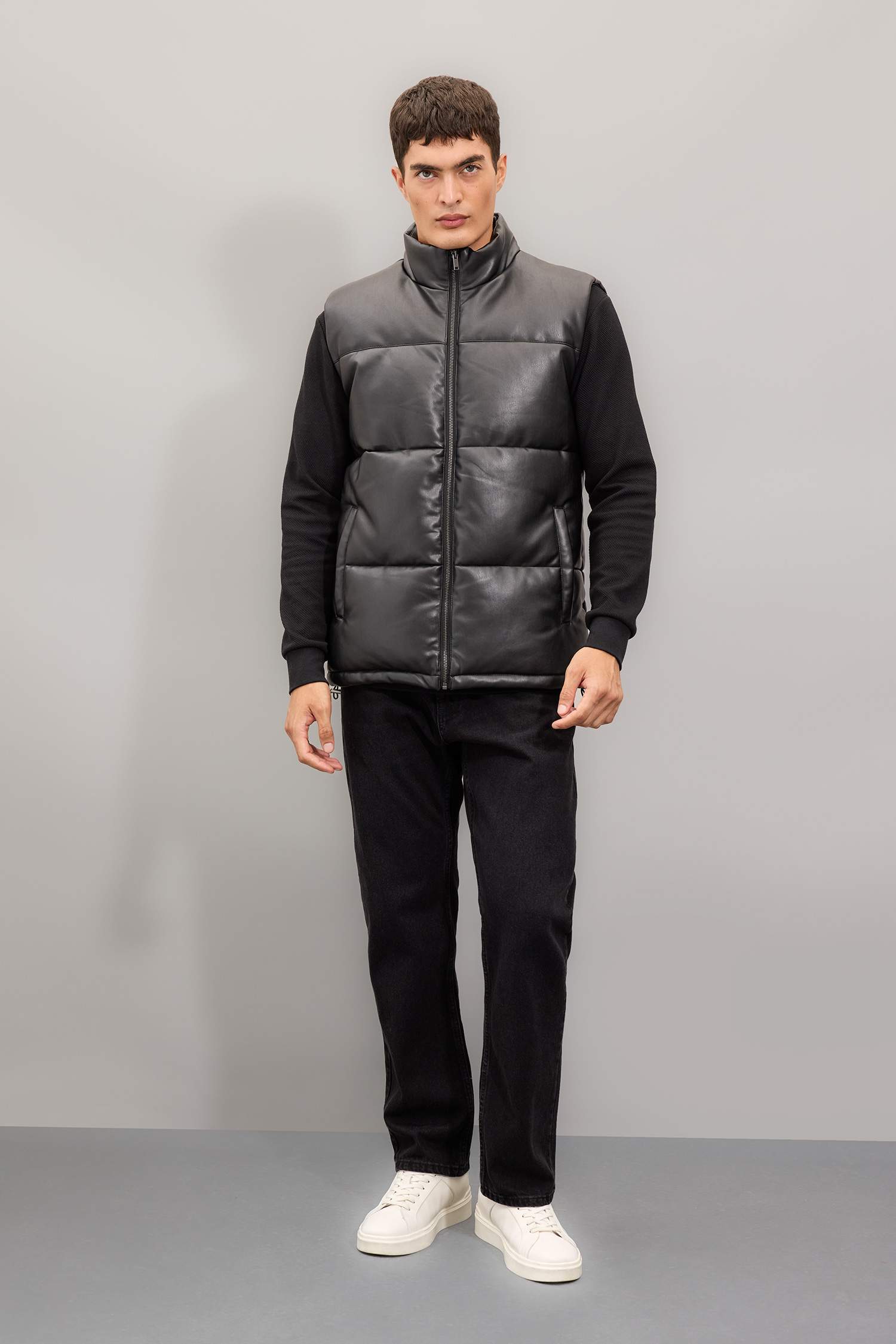 Su Geçirmez Şişme Suni Deri Yelek Dik Yaka Fermuarlı