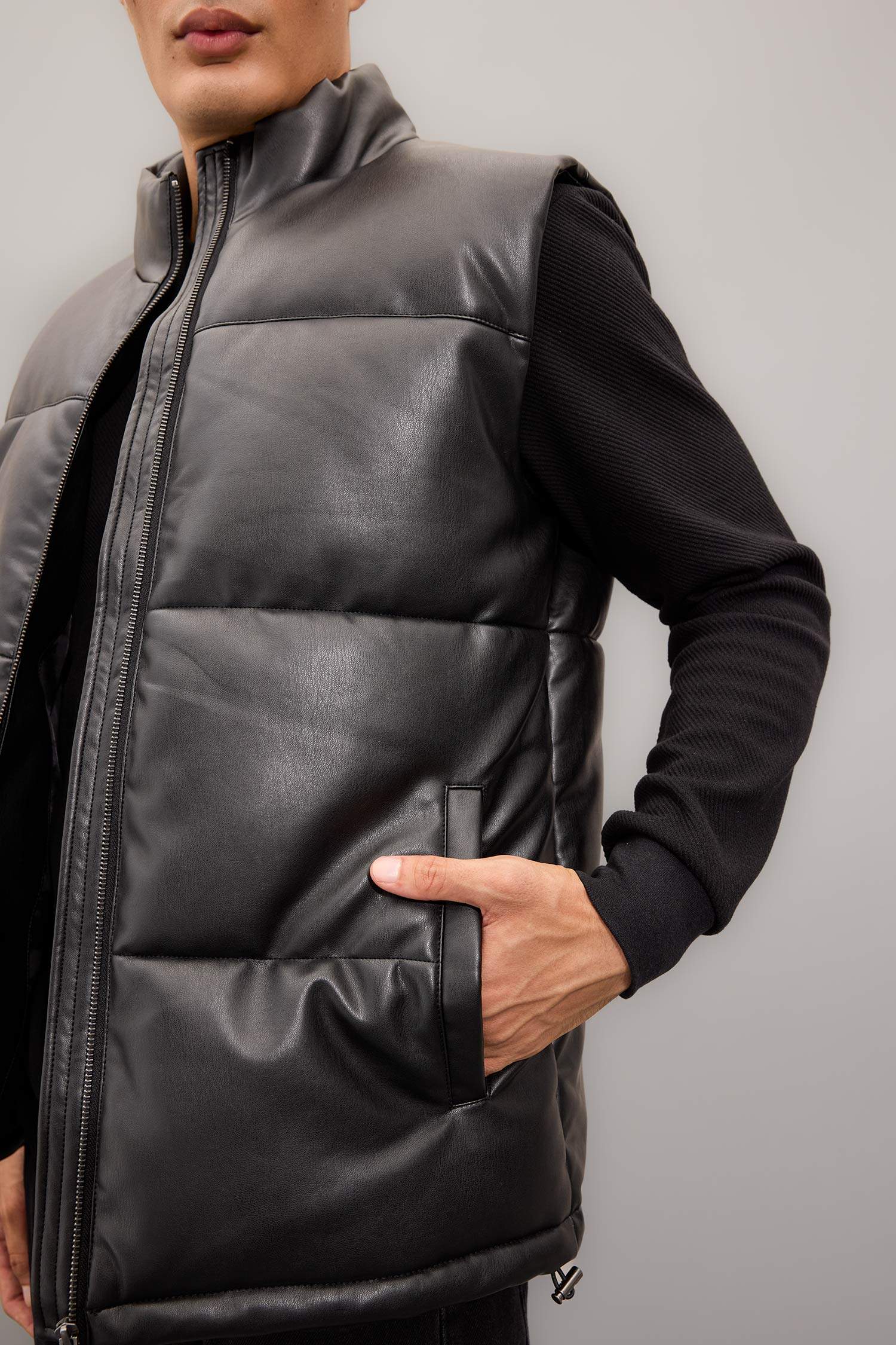 Su Geçirmez Şişme Suni Deri Yelek Dik Yaka Fermuarlı