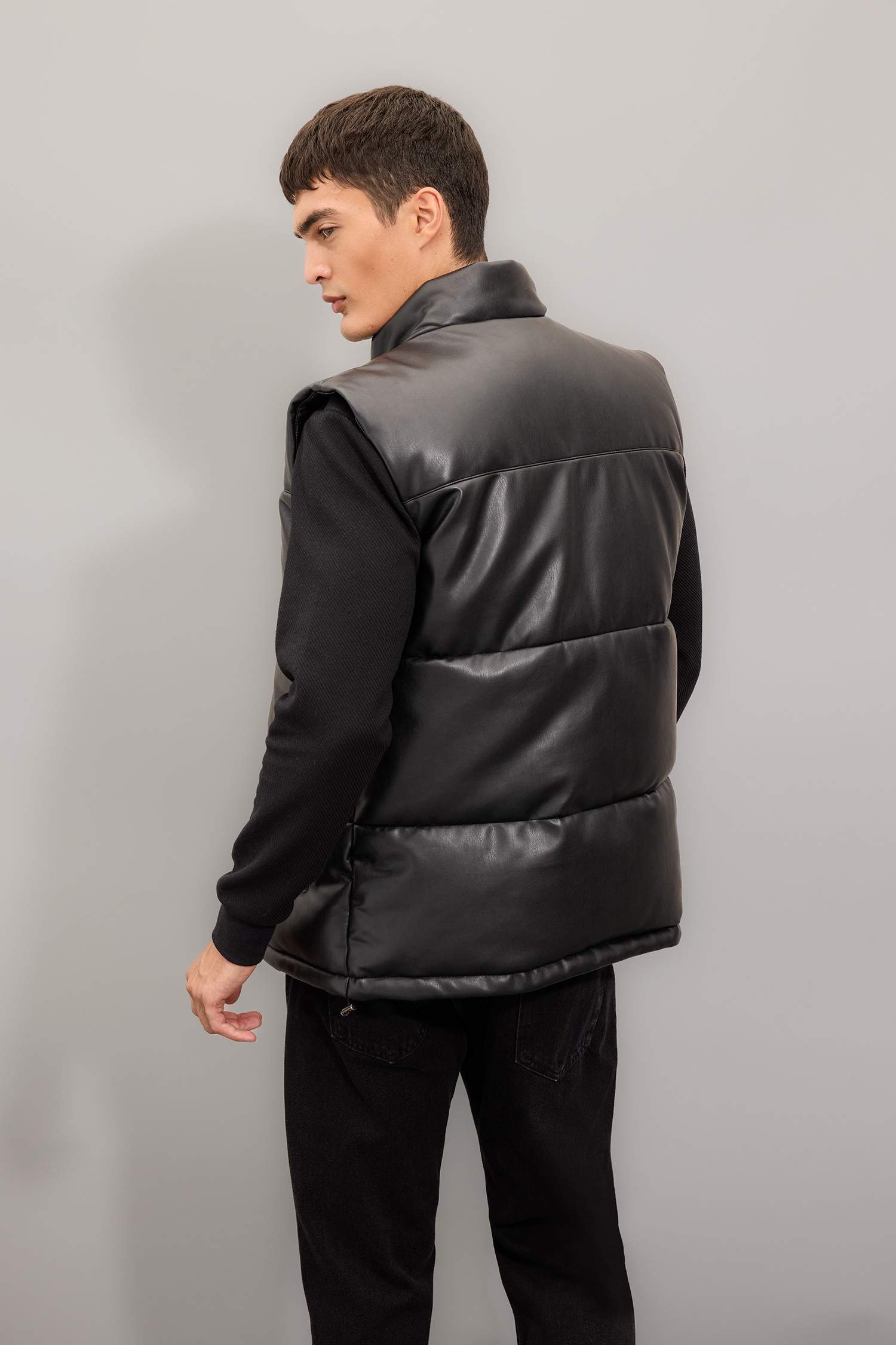 Su Geçirmez Şişme Suni Deri Yelek Dik Yaka Fermuarlı