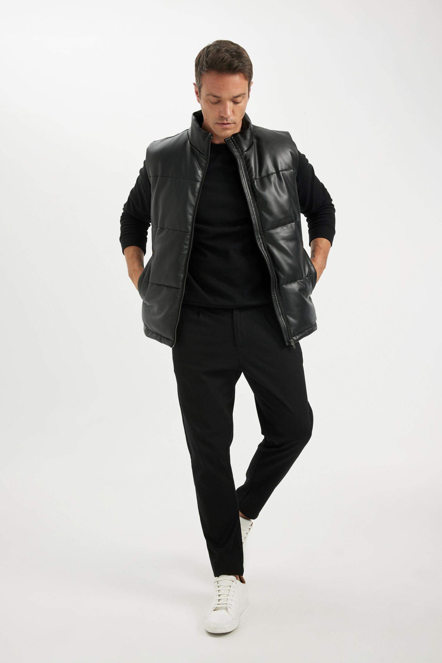 Su Geçirmez Şişme Suni Deri Yelek Dik Yaka Fermuarlı