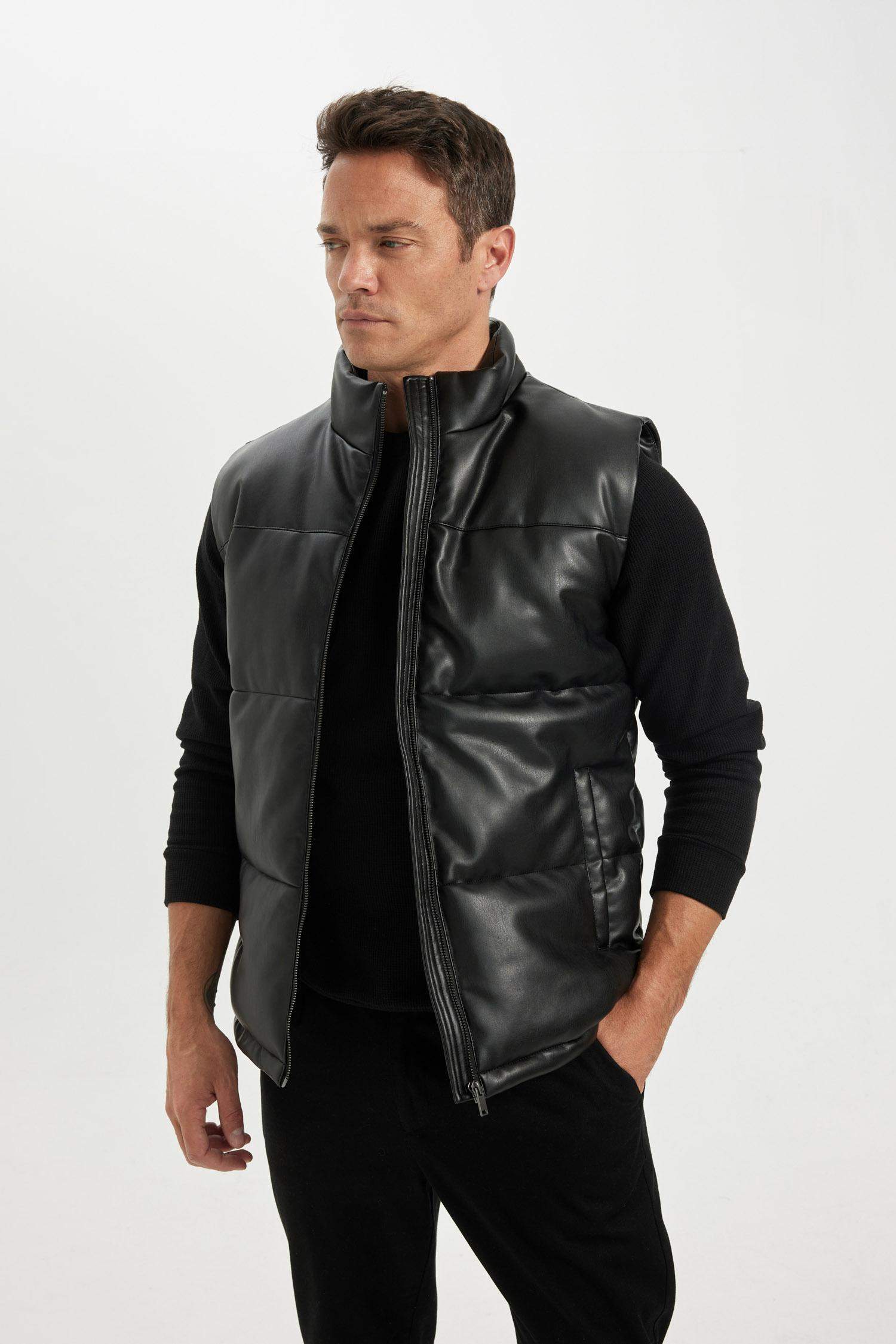 Su Geçirmez Şişme Suni Deri Yelek Dik Yaka Fermuarlı