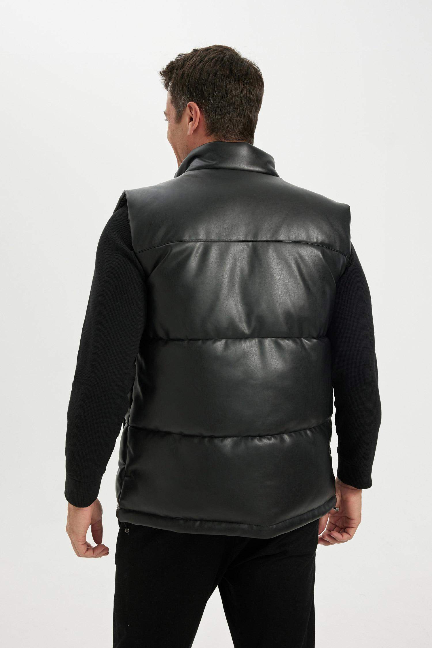 Su Geçirmez Şişme Suni Deri Yelek Dik Yaka Fermuarlı