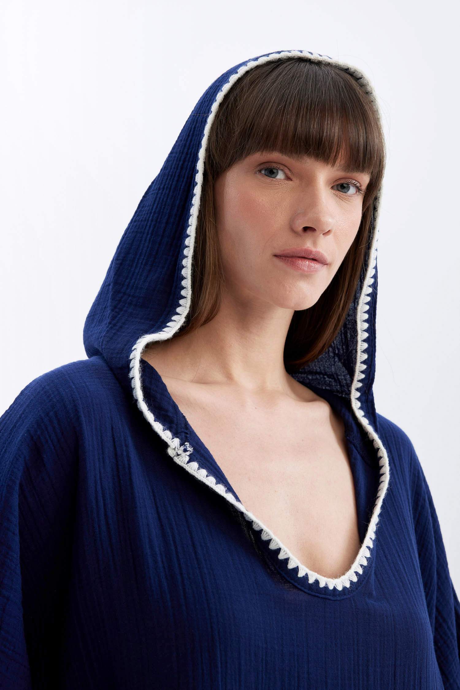 Kapüşonlu Pamuklu Plaj Midi Elbisesi-Fall in Love