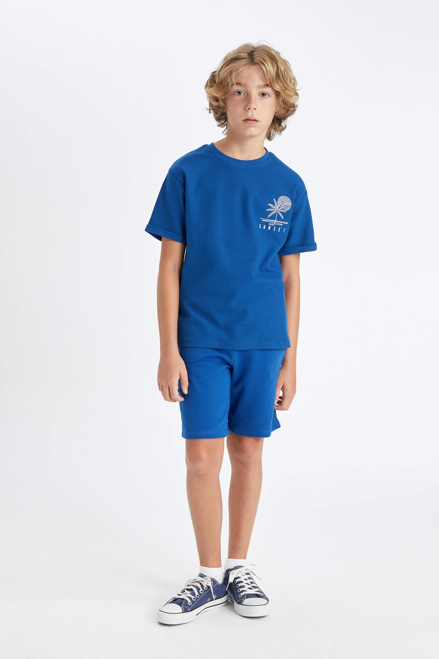 Boy Crew Neck Embroidered Waffle Short Sleeve T-shirt