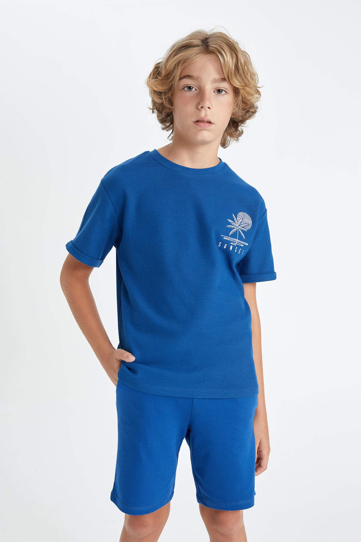 Boy Crew Neck Embroidered Waffle Short Sleeve T-shirt