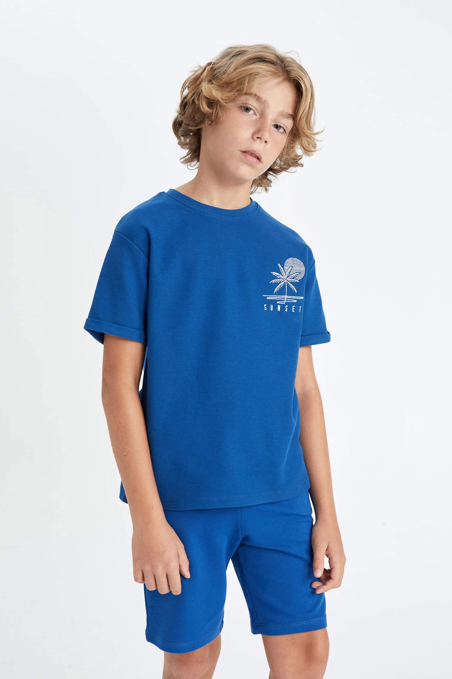 Boy Crew Neck Embroidered Waffle Short Sleeve T-shirt