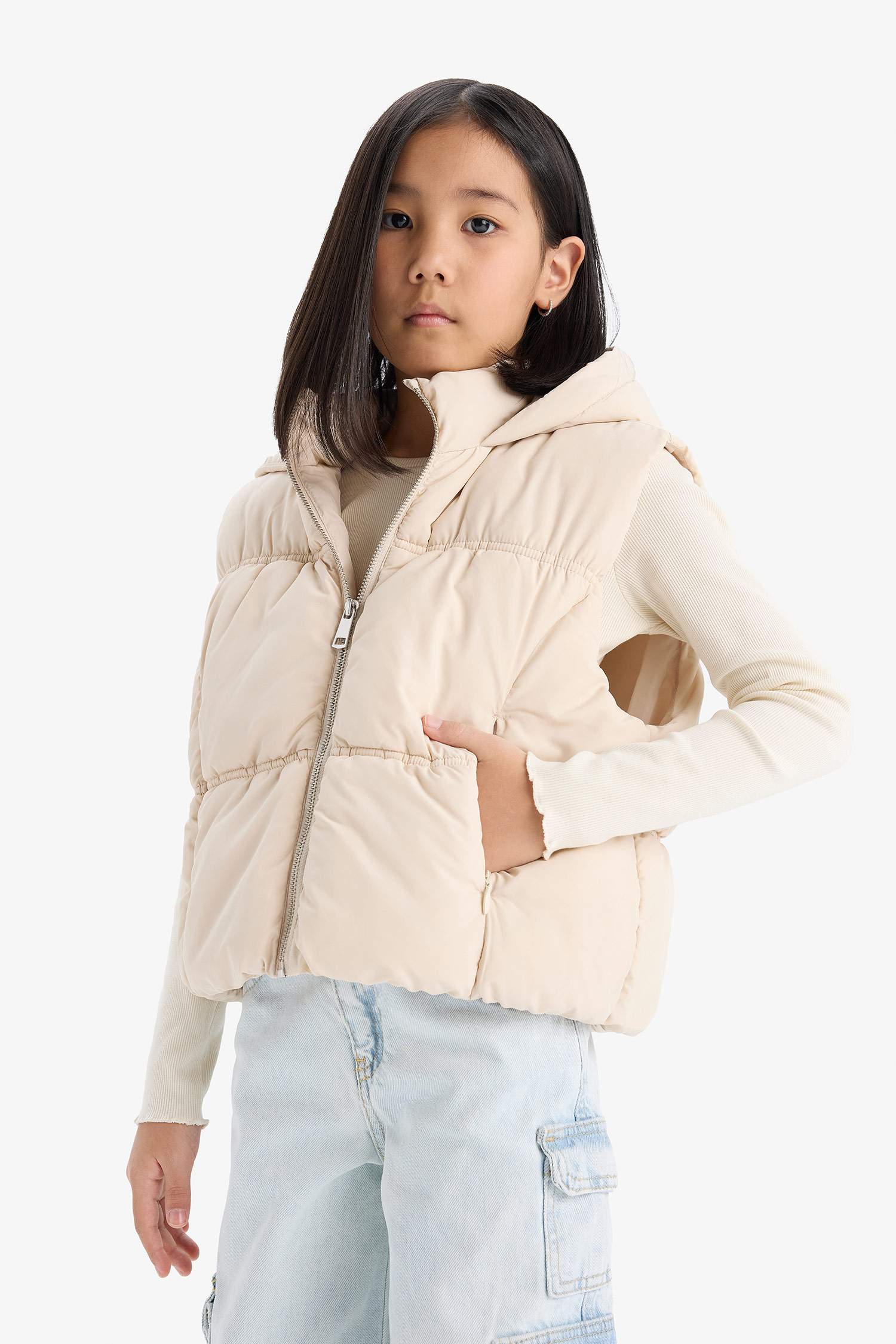 Kız Çocuk Su İtici Kapüşonlu Fermuarlı Şişme Yelek