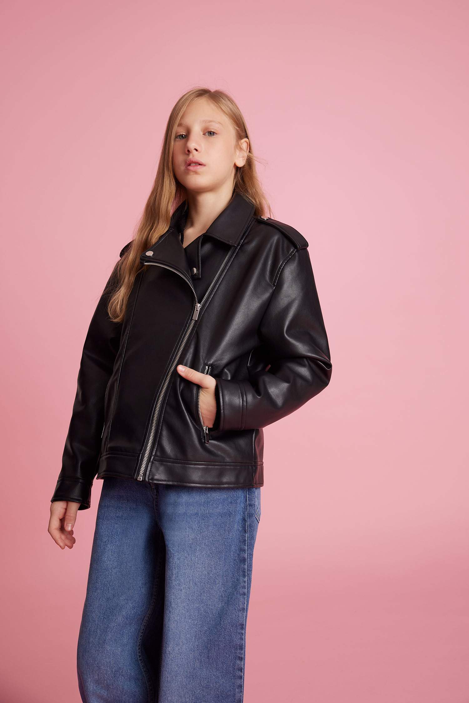 Kız Çocuk Su Geçirmez Fermuarlı Suni Deri Ceket Mont