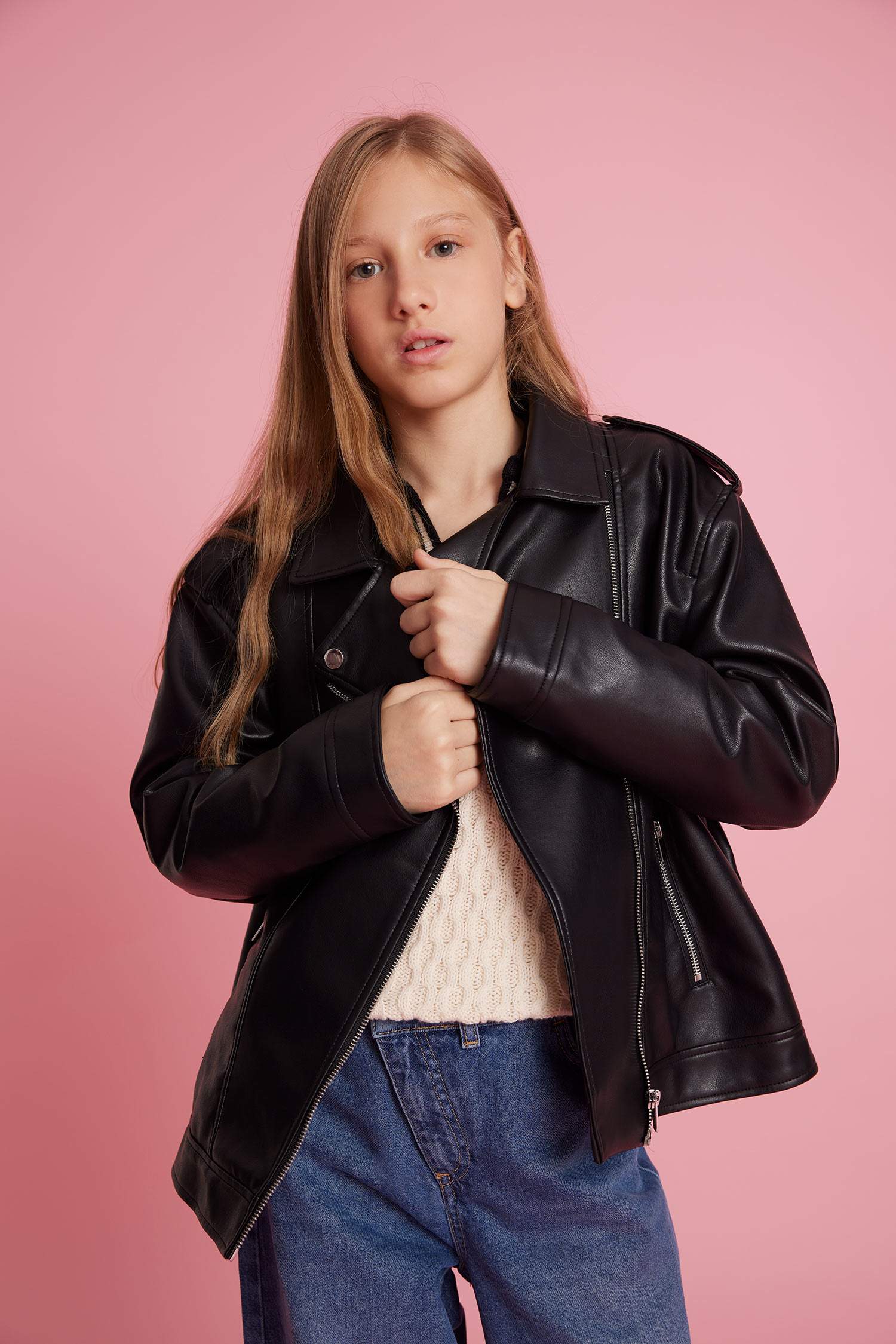 Kız Çocuk Su Geçirmez Fermuarlı Suni Deri Ceket Mont