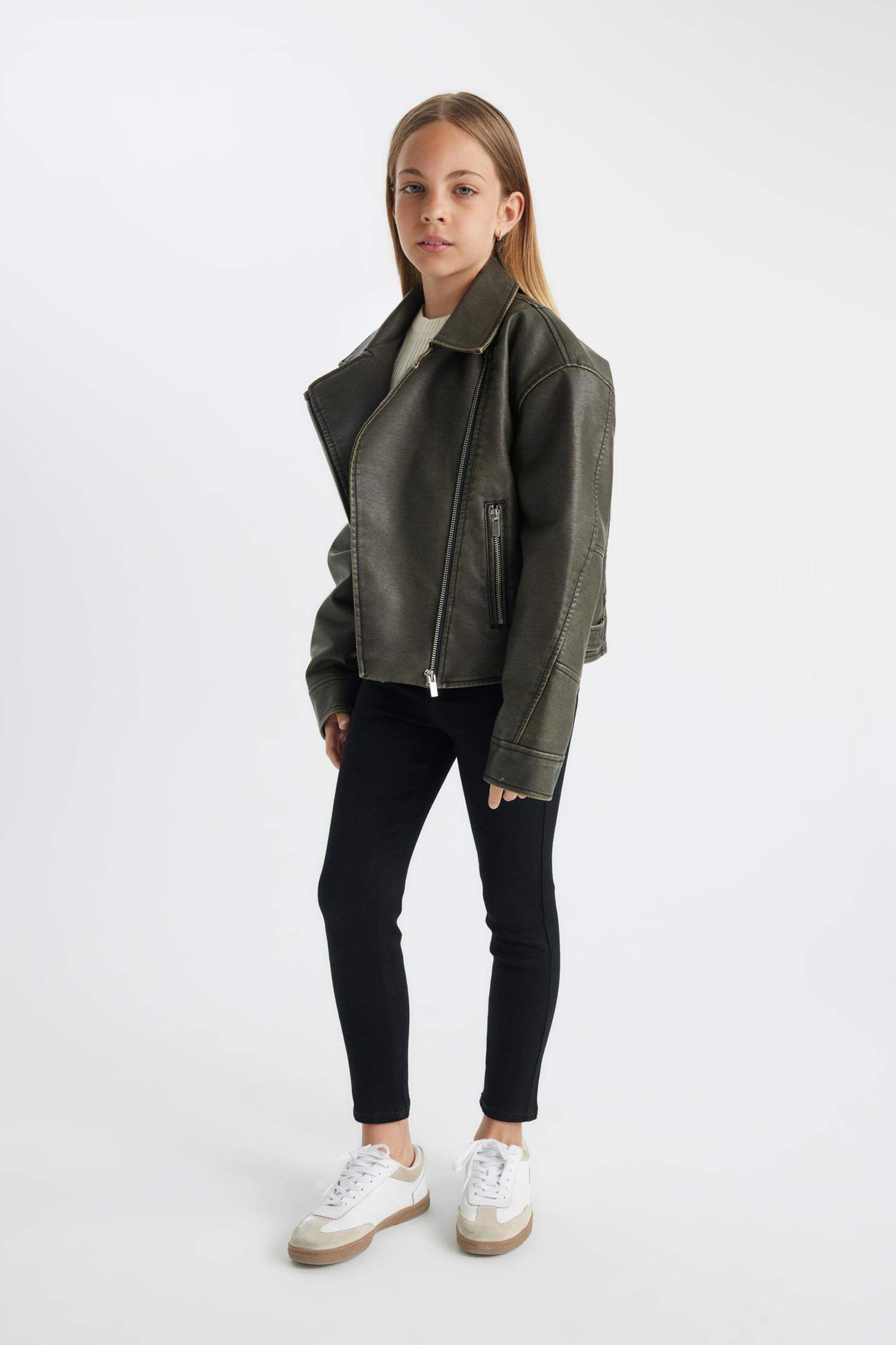 جاكيت بناتي جلد صناعي وتر برووف وياقة جاكيت