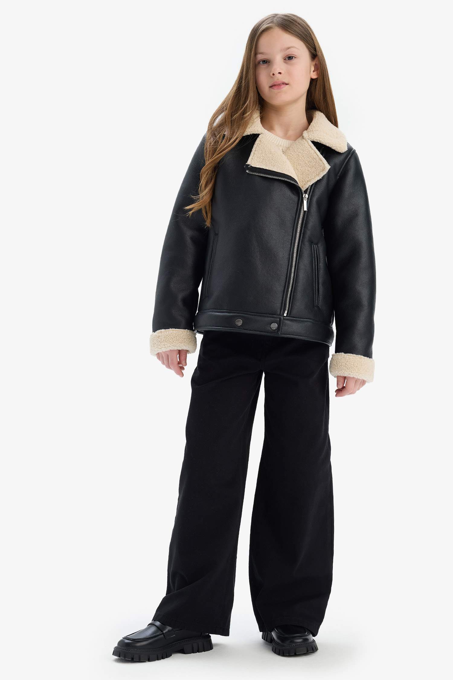 Kız Çocuk Su Geçirmez Ceket Yaka Pelüş Astar Suni Deri Ceket Mont