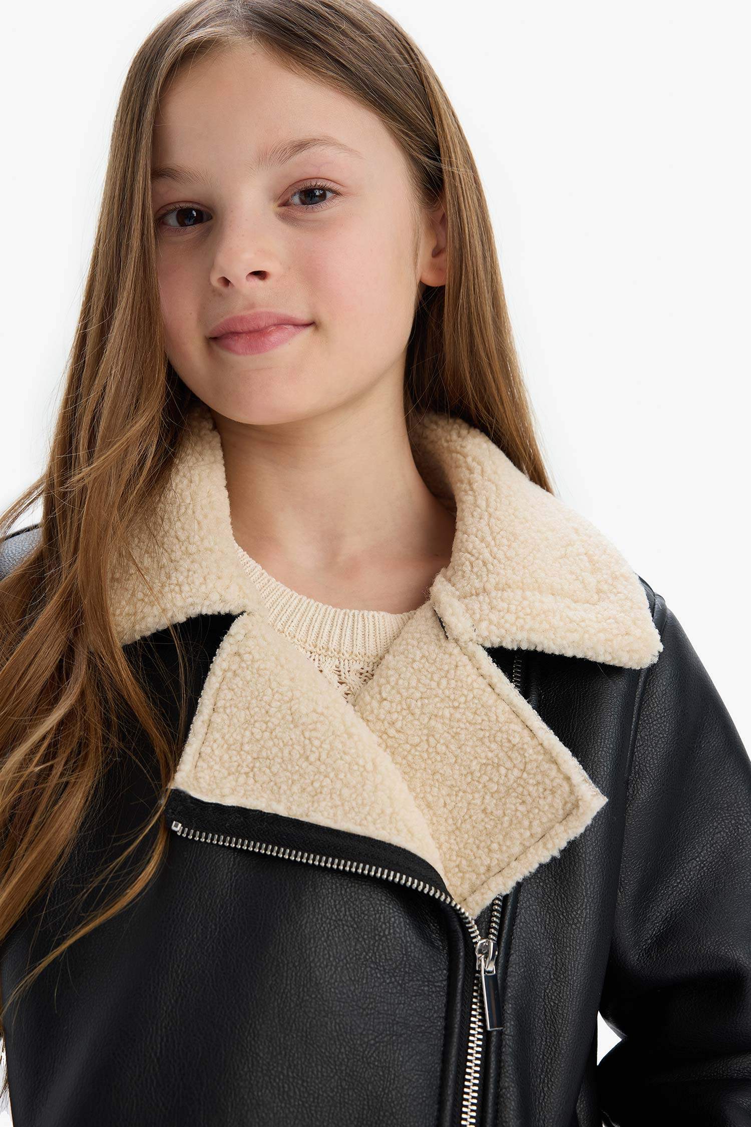 Kız Çocuk Su Geçirmez Ceket Yaka Pelüş Astar Suni Deri Ceket Mont