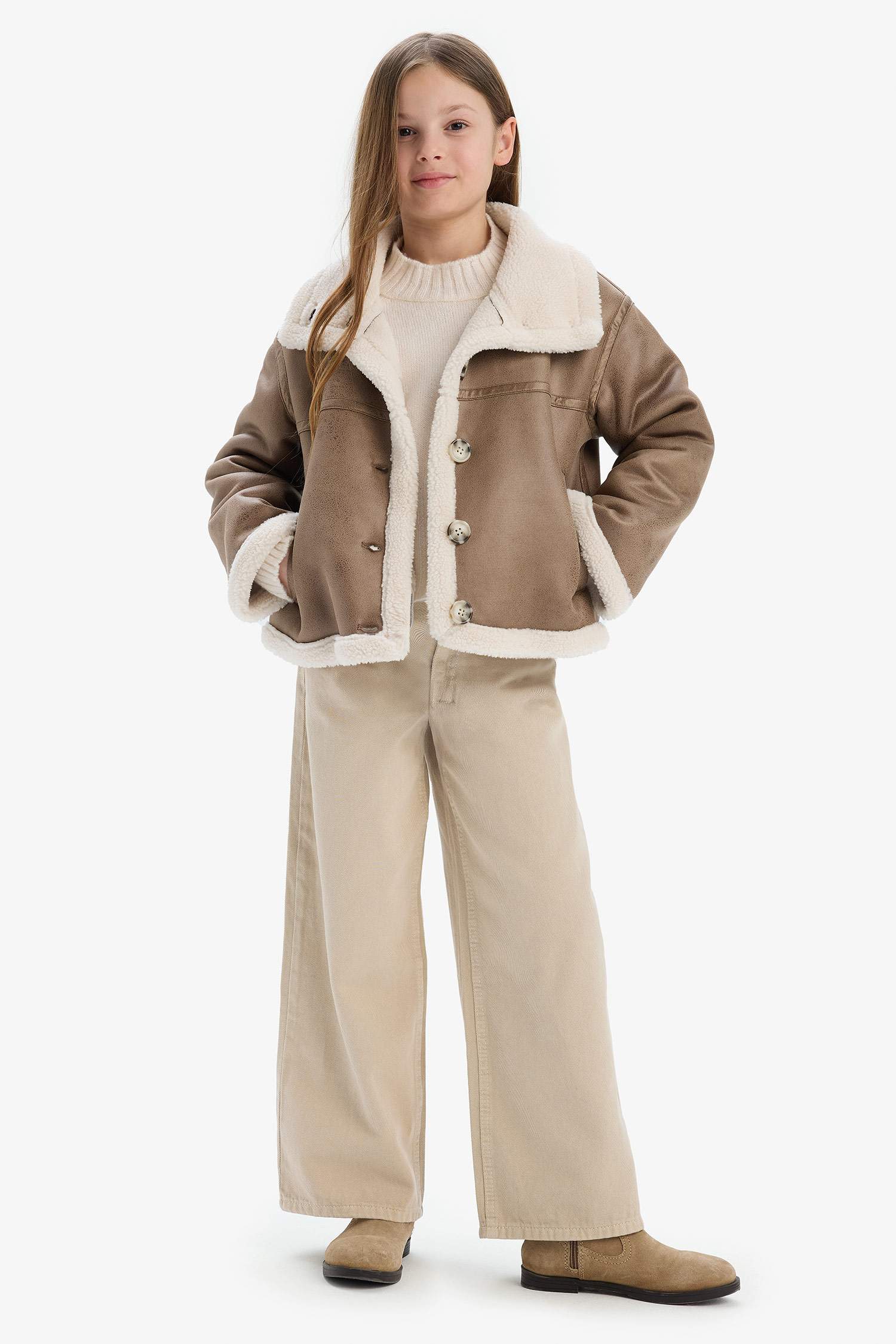 جاكيت بناتي جلد صناعي مقاوم للماء برقبة كبيرة ببطانة فروية