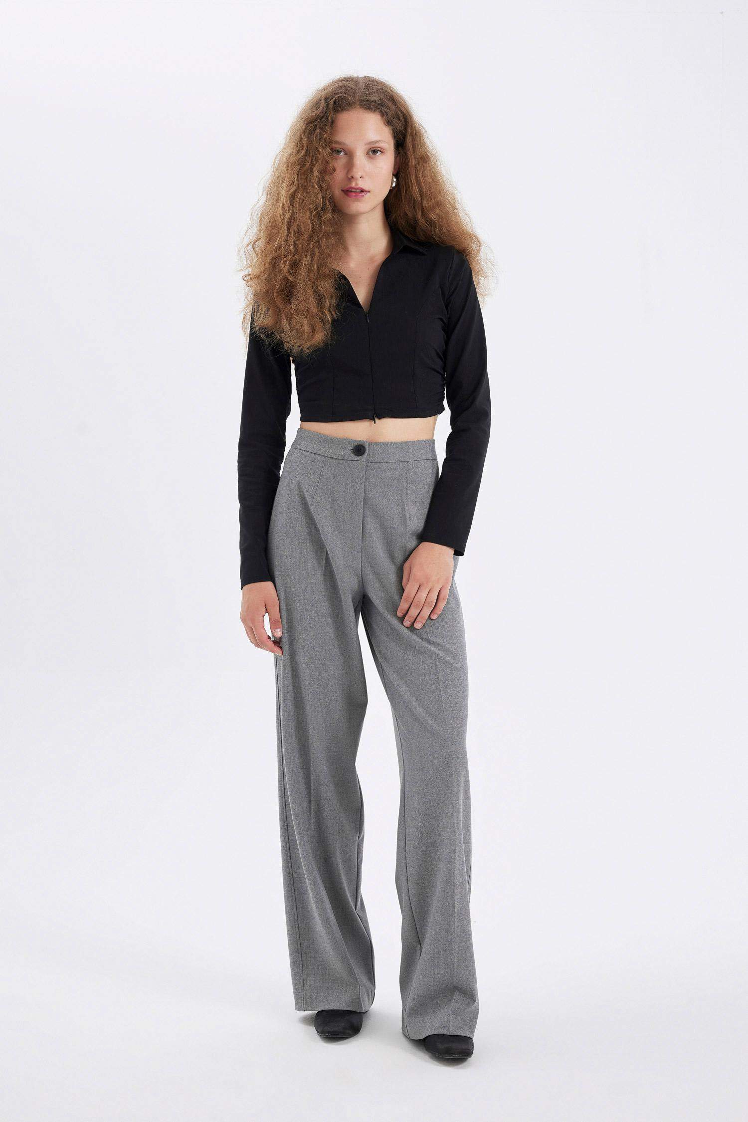 Black Fitted Bodycon Shirt Collar Zippered Bengal Crop Basic Blouse