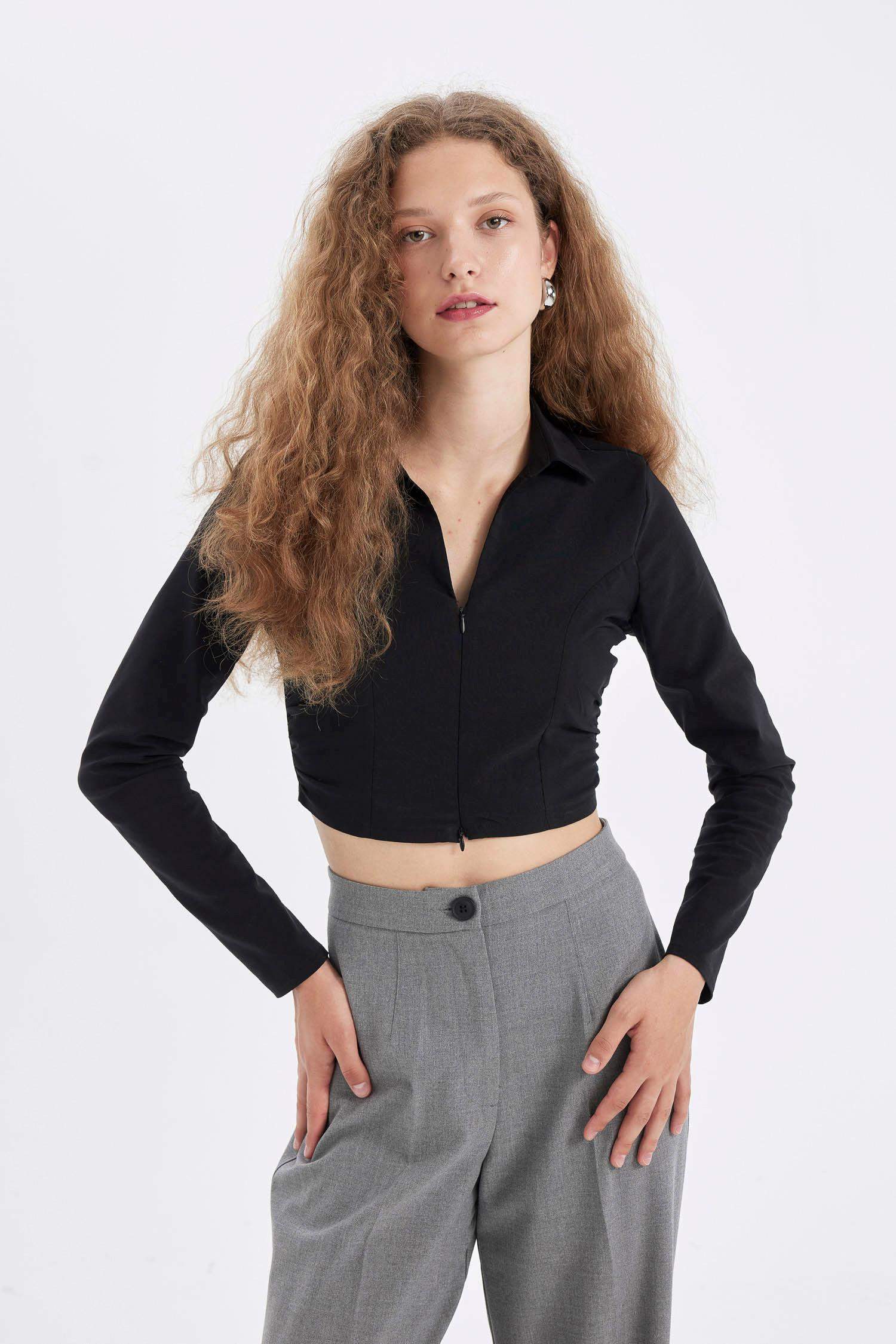 Black Fitted Bodycon Shirt Collar Zippered Bengal Crop Basic Blouse