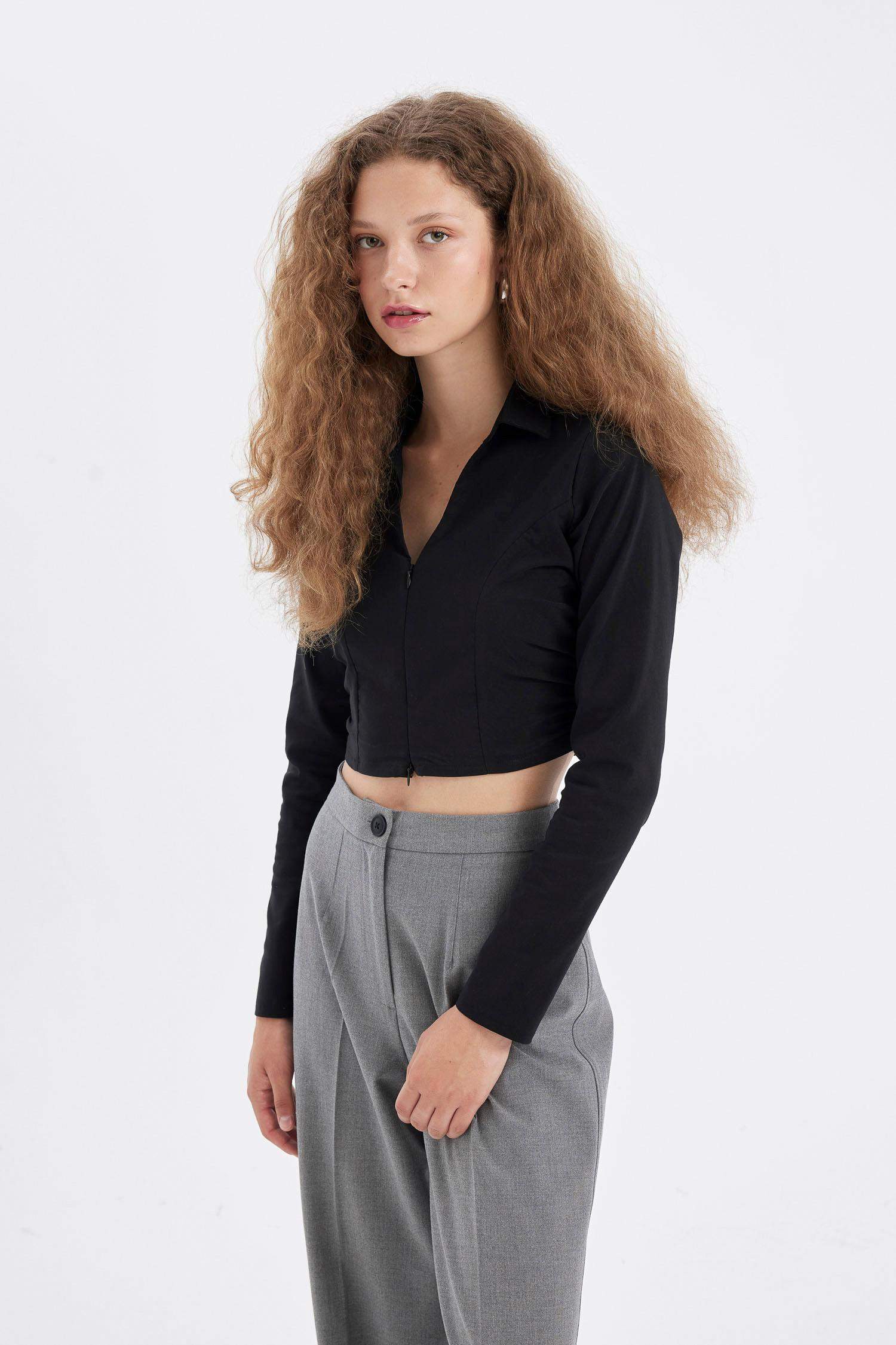 Black Fitted Bodycon Shirt Collar Zippered Bengal Crop Basic Blouse