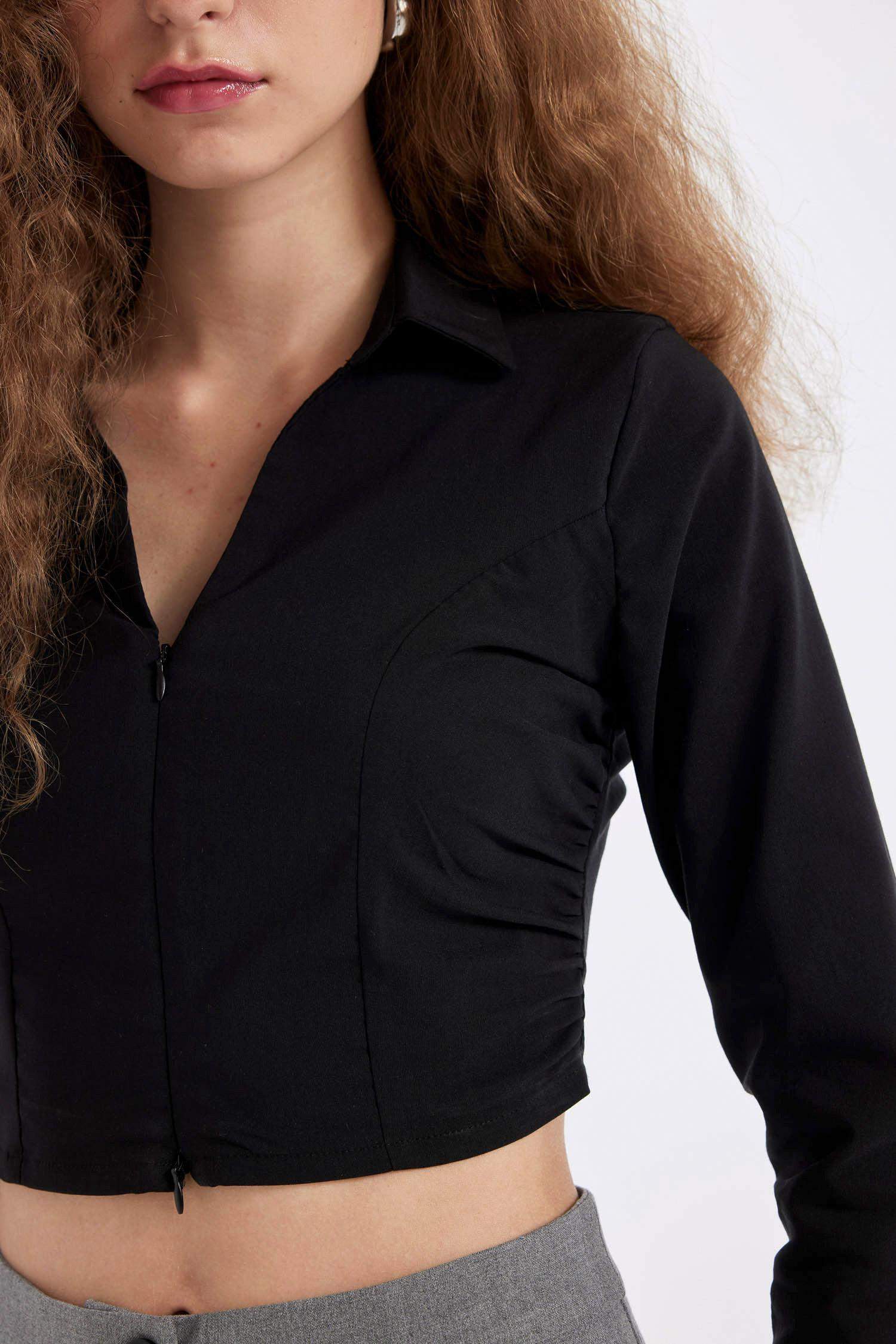 Black Fitted Bodycon Shirt Collar Zippered Bengal Crop Basic Blouse