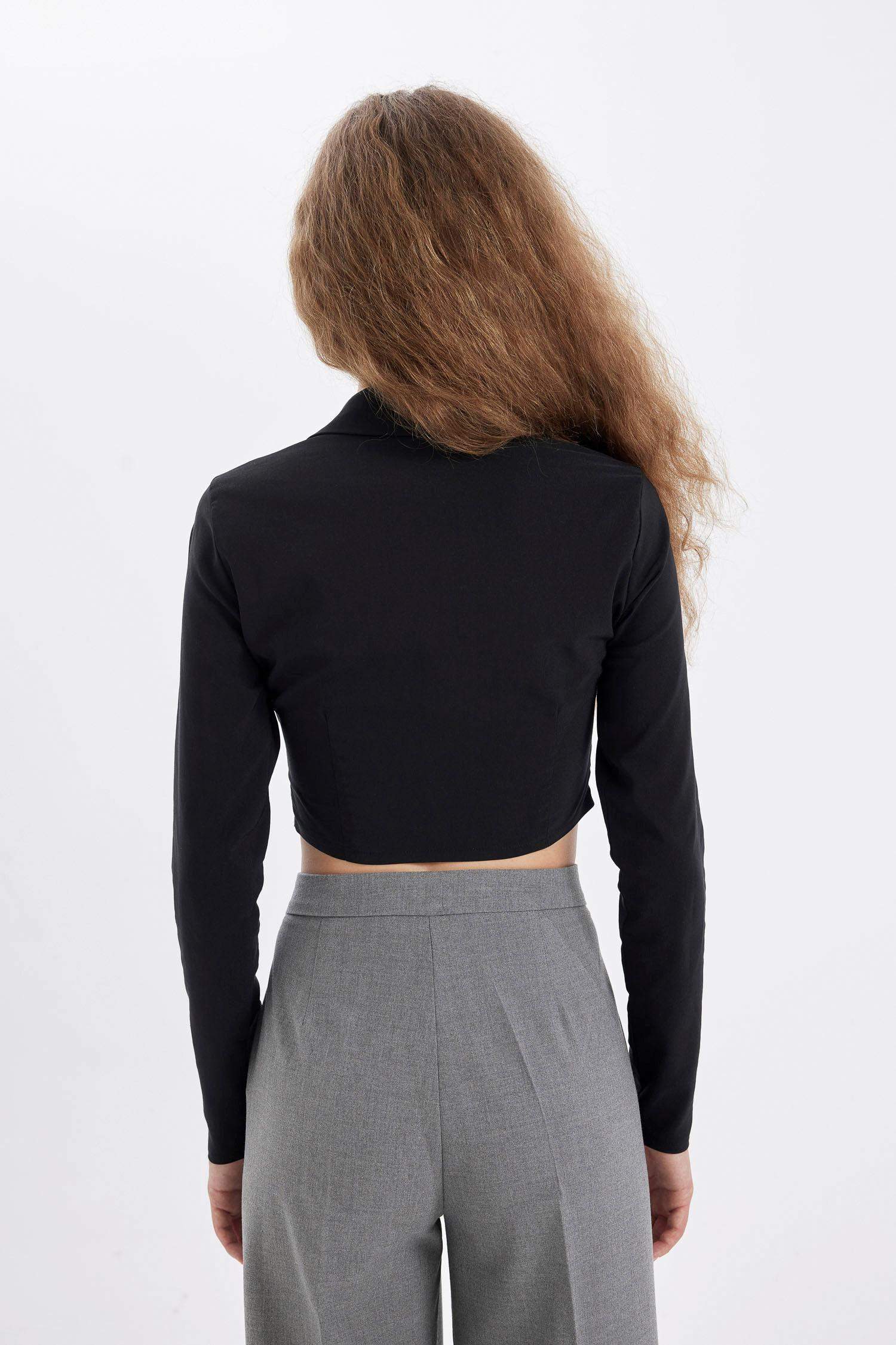 Black Fitted Bodycon Shirt Collar Zippered Bengal Crop Basic Blouse