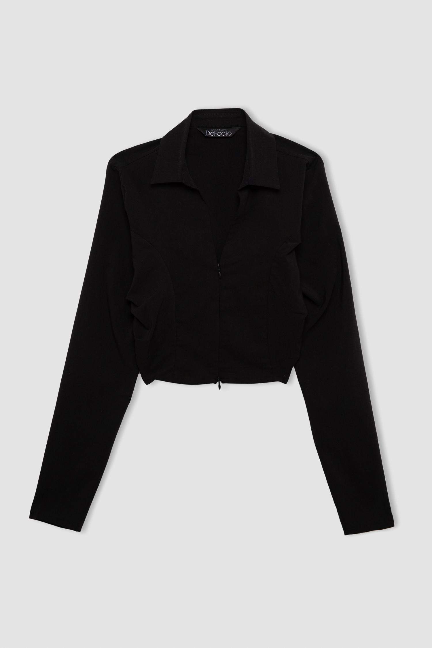 Black Fitted Bodycon Shirt Collar Zippered Bengal Crop Basic Blouse